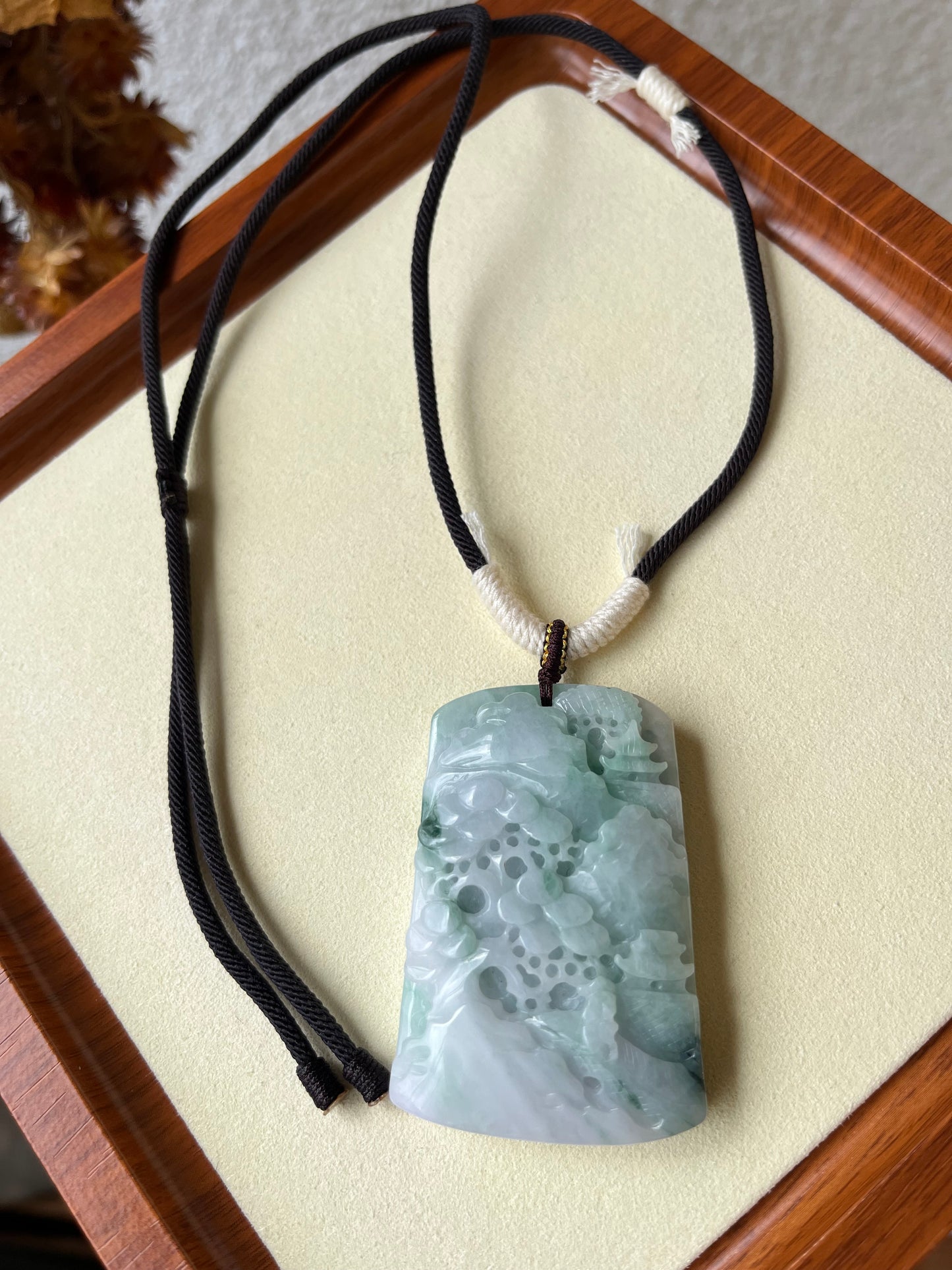 Hand Carved Jadeite Landscape Pendant | 手雕翡翠山水牌