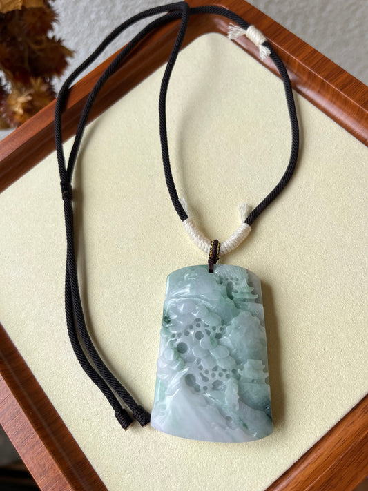 Hand Carved Jadeite Landscape Pendant | 手雕翡翠山水牌