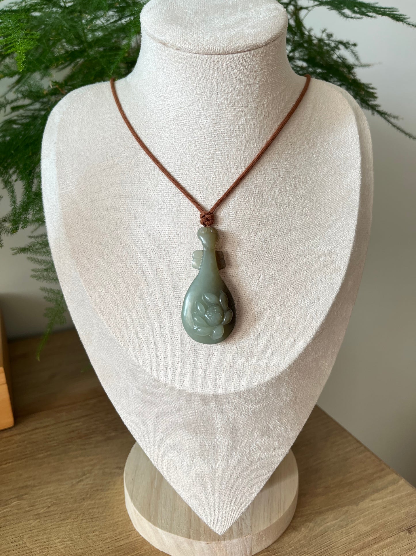 Handmade Necklace with a Hand Carved Blue and Brown Jade Pipa Instrument Pendant