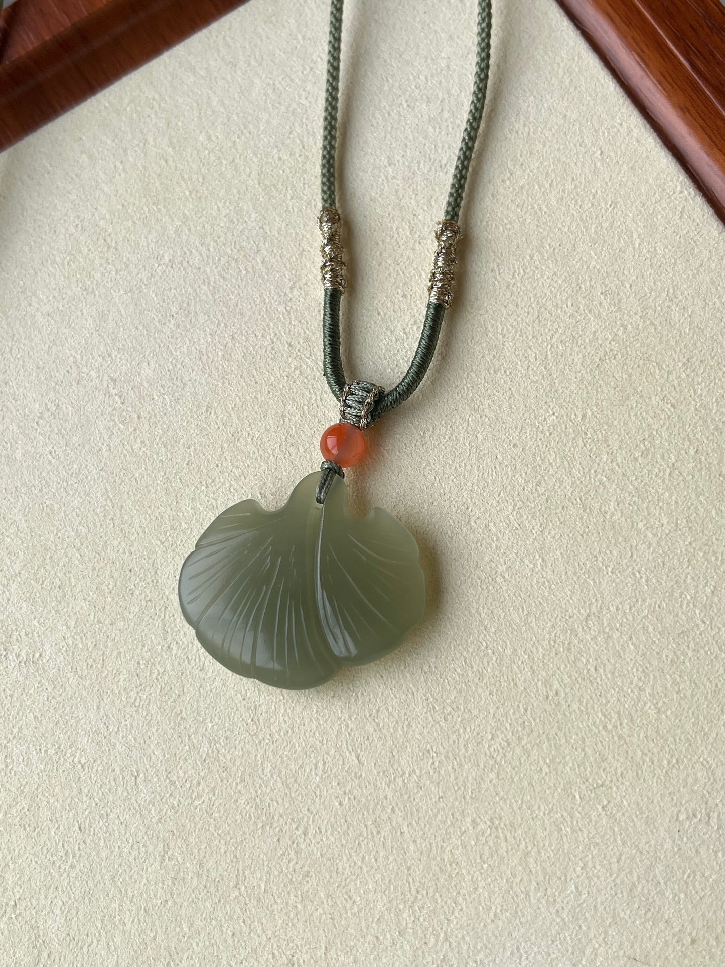 Hand Carved Green Hetian Jade Ginkgo Leaf