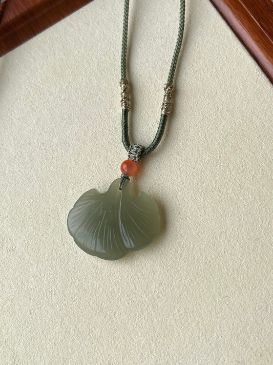 Hand Carved Green Hetian Jade Ginkgo Leaf