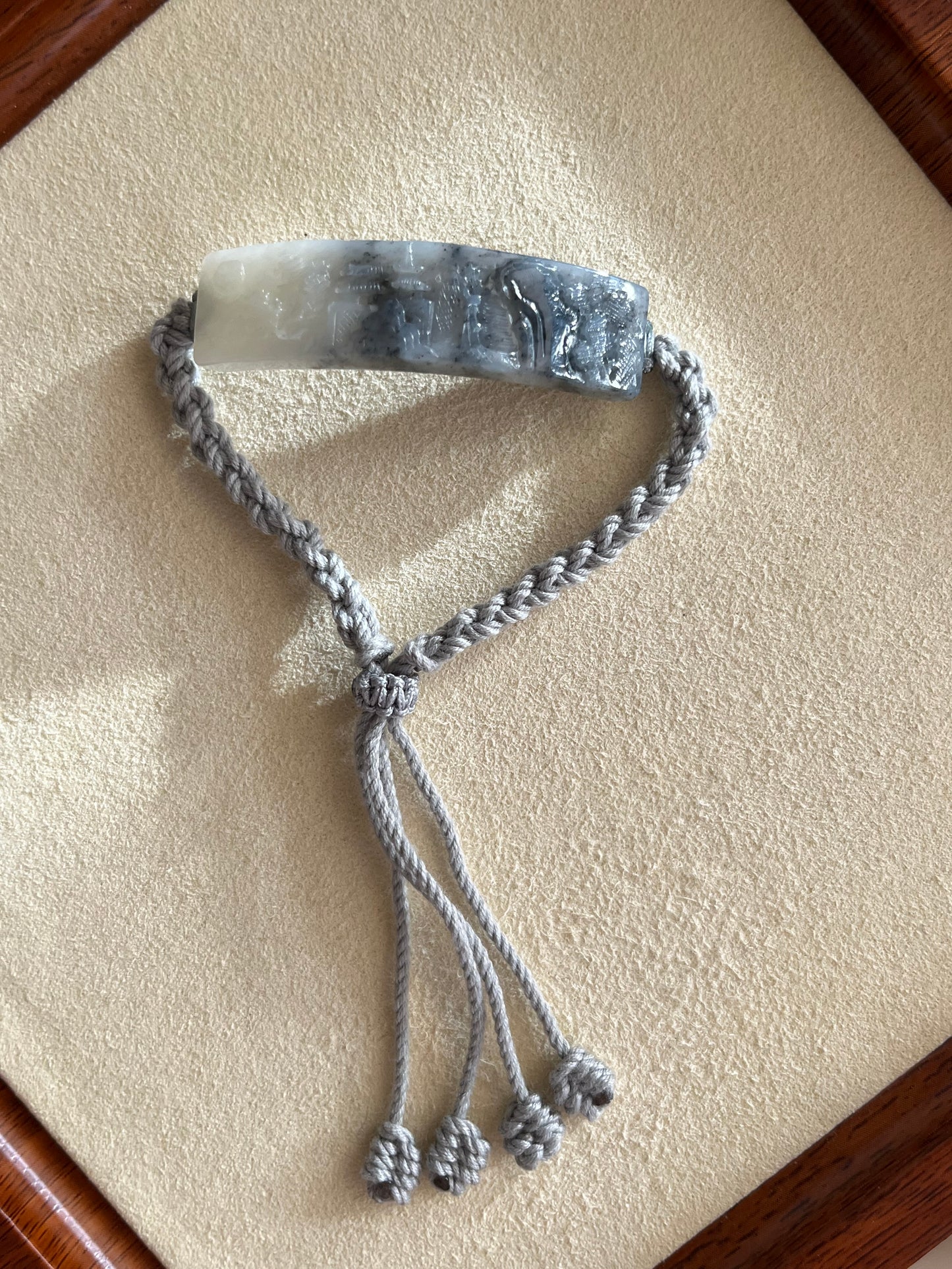 Bracelet Crafted from a Hand Carved Gray Hetian Jade Landscape Pendant | 手雕和田青花意境山水手牌