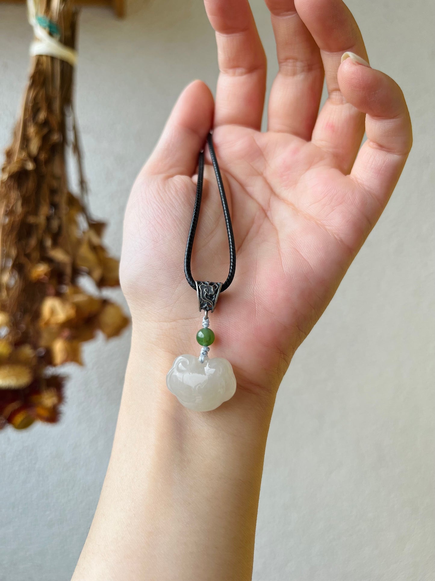 Handmade Necklace with a Light Dirty Pink Hetian Jade Ruyi (As you wish) Pendant