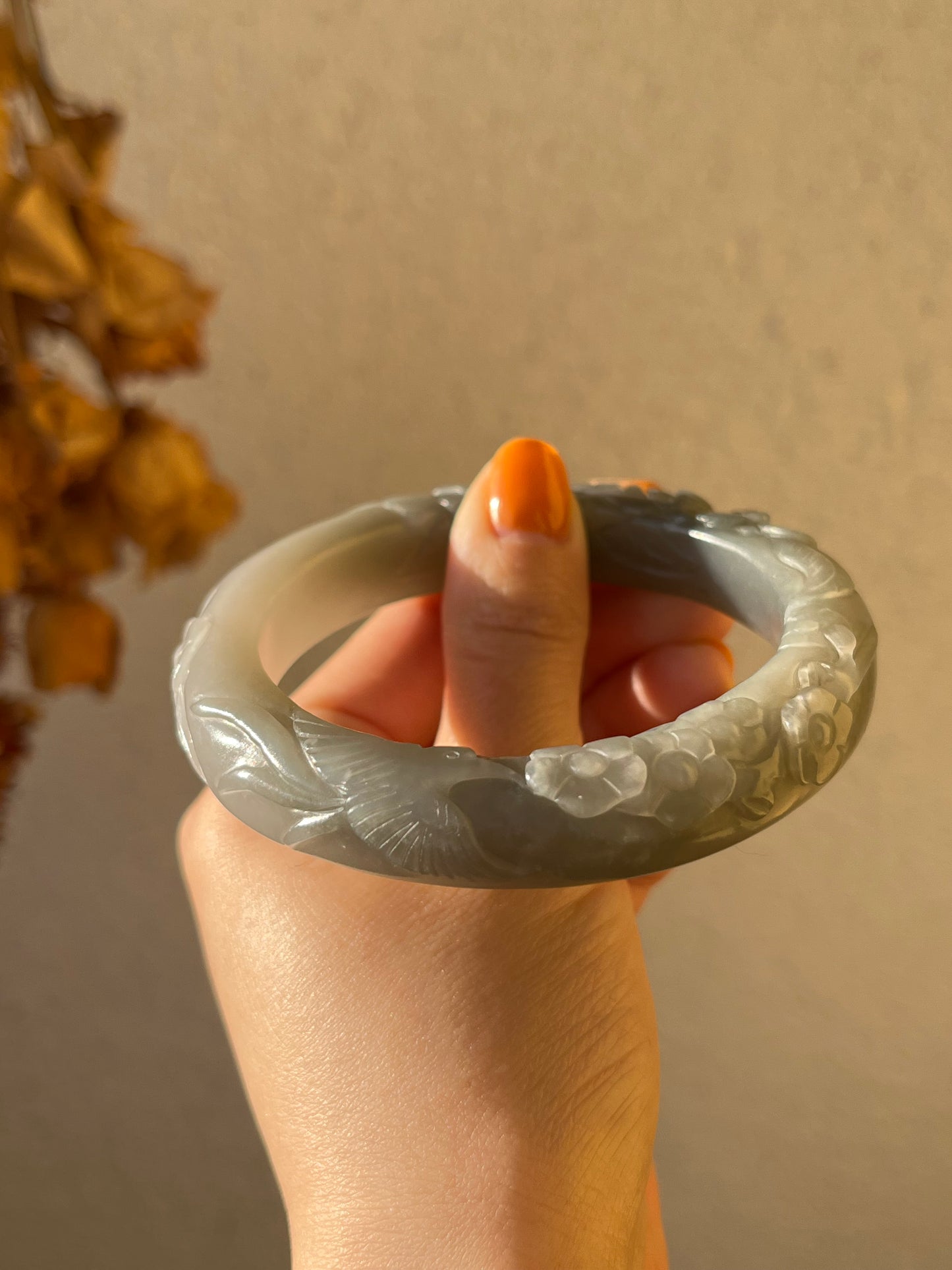 Smoky Purple Hetian Jade Carved Bangle 58mm | 和田烟紫雕花镯