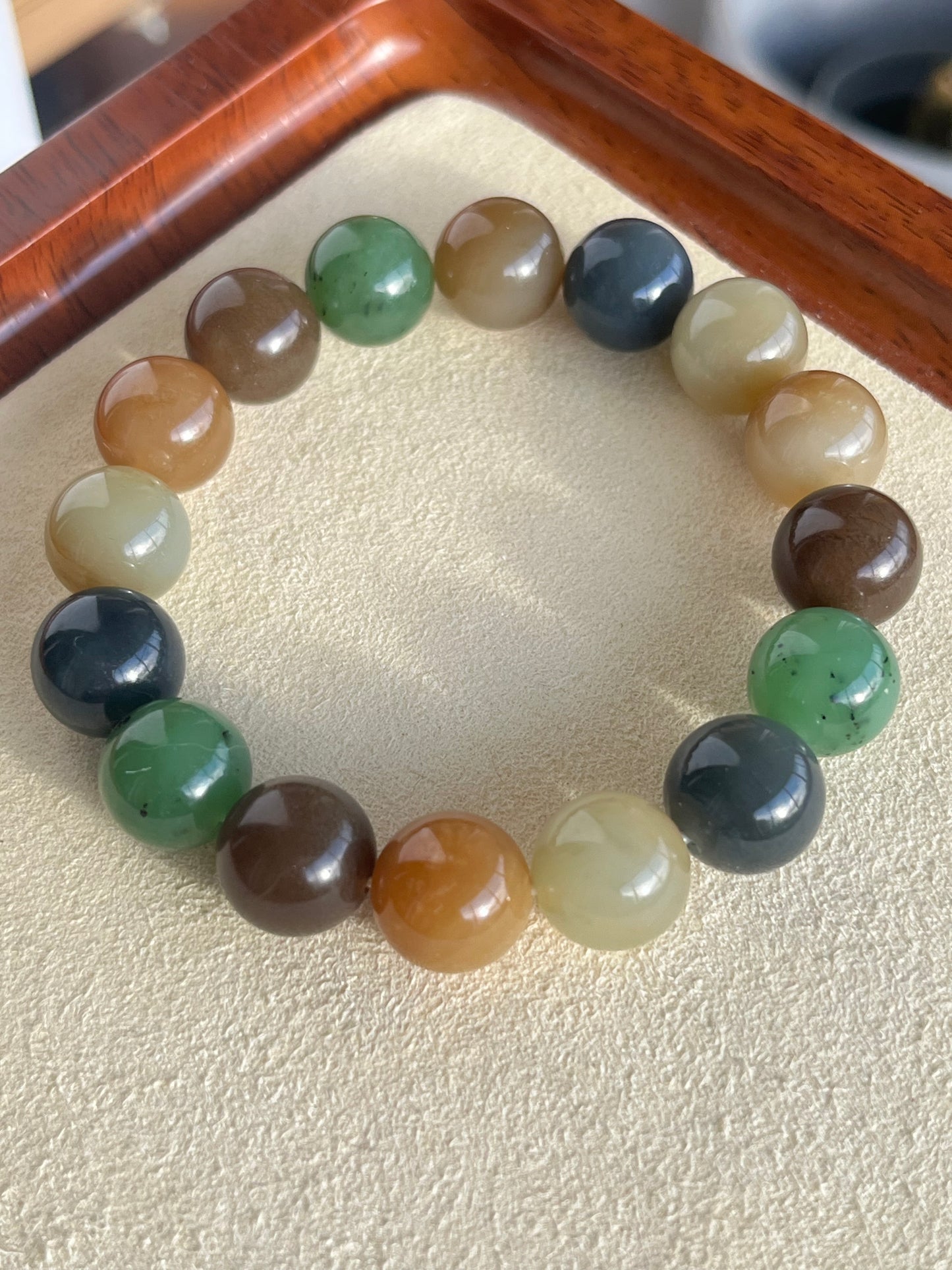 High Quality Multi-color Hetian Jade Beaded Bracelet 12mm