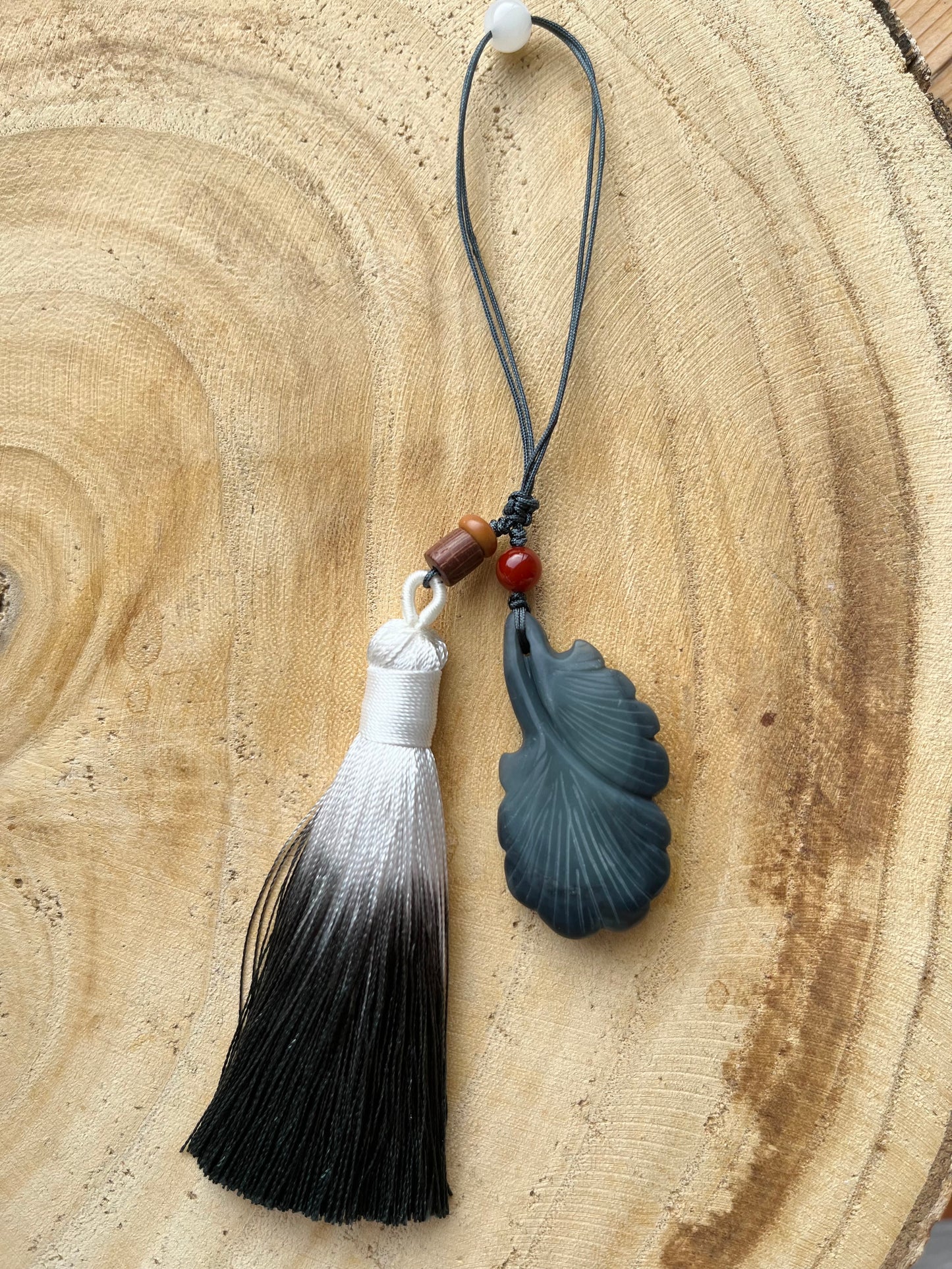 Handmade Bag Charm with a Hand Carved Hetian Qinghua Jade Ginkgo Biloba Pendant, 手雕和田青花银杏叶包挂