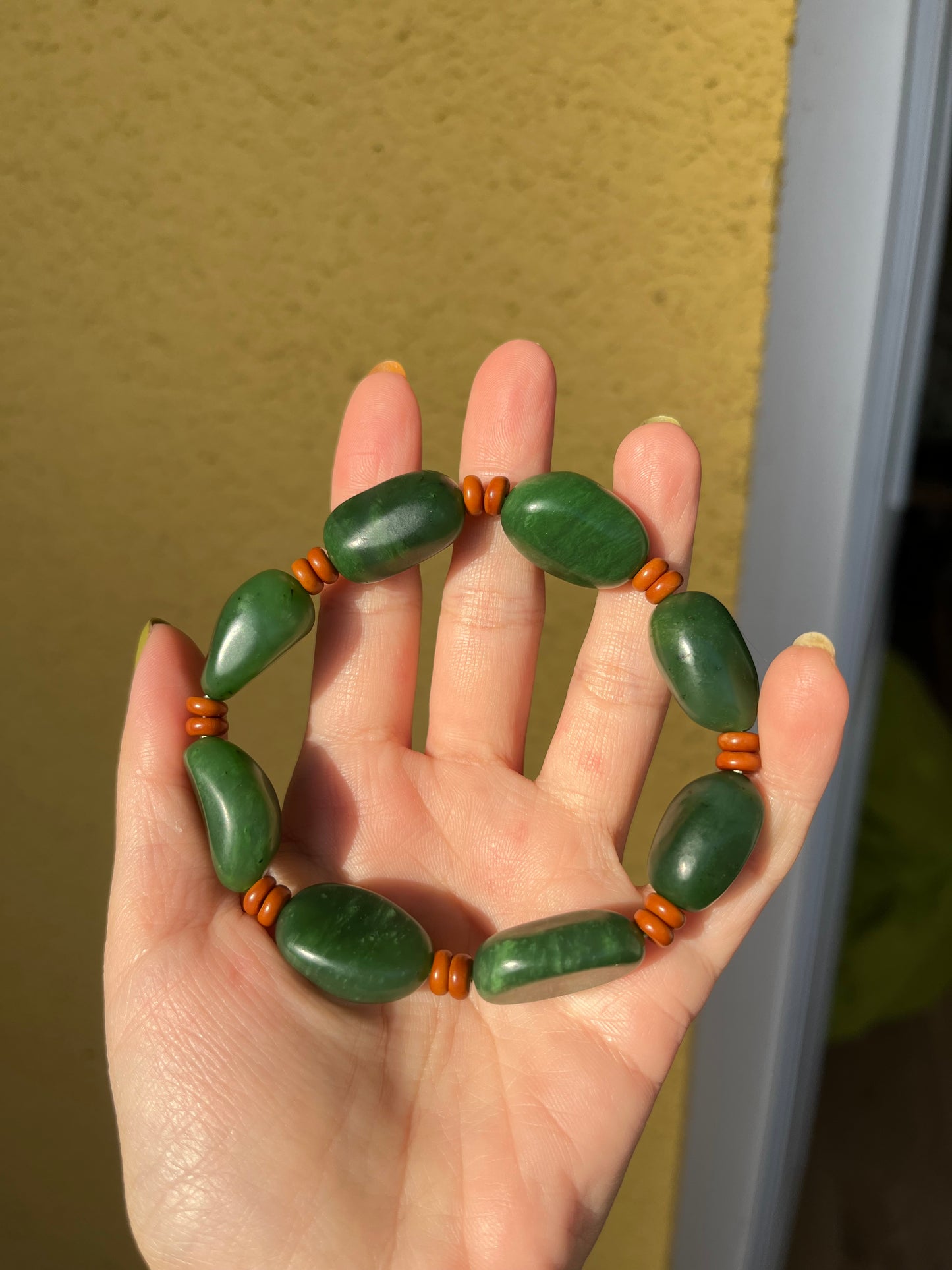 Green Hetian Jade Bracelet with Big Irregular Shaped Beads, 碧玉随形大珠子手串