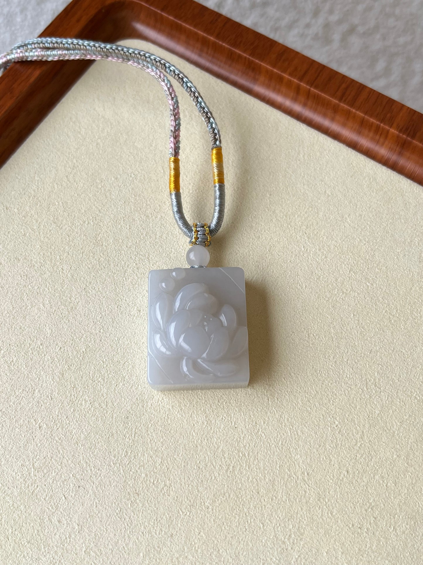 Hand Carved Light Purple Hetian Jade Lotus Pendant