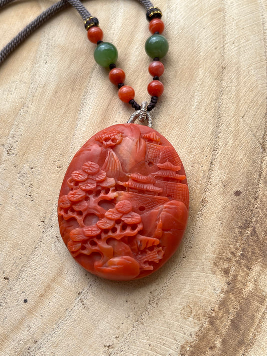 Handmade Necklace with a Hand Carved Nanhong Agate Landscape Pendant, 手雕南红山水