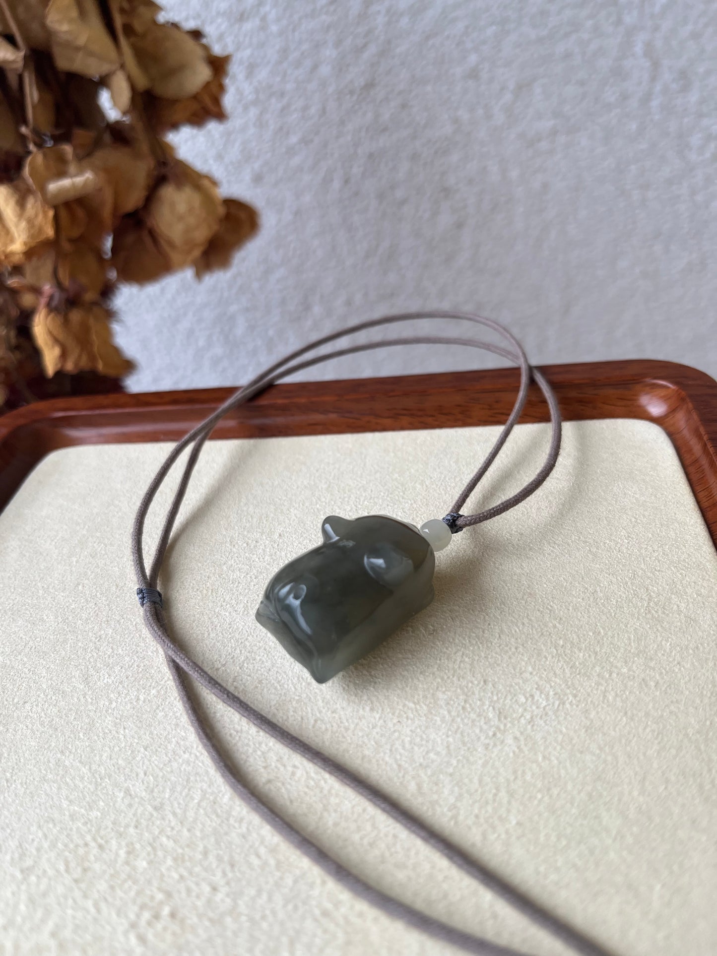 3D Hand Carved Gray Hetian Jade Cat Pendant