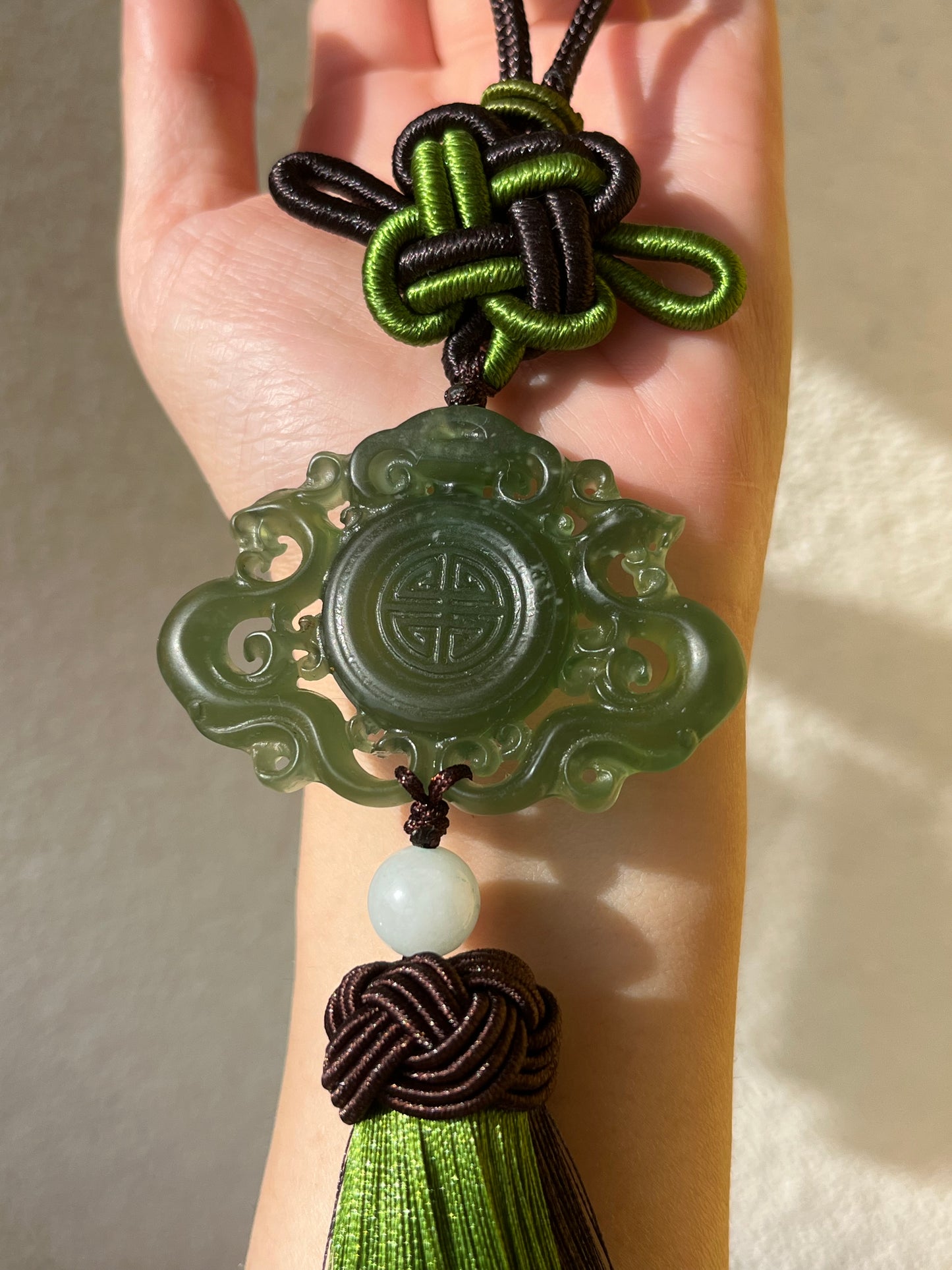 Xiu Jade Dragon and Phoenix Auspicious Pendant Car Hanging | 岫玉龙凤呈祥玉佩车挂