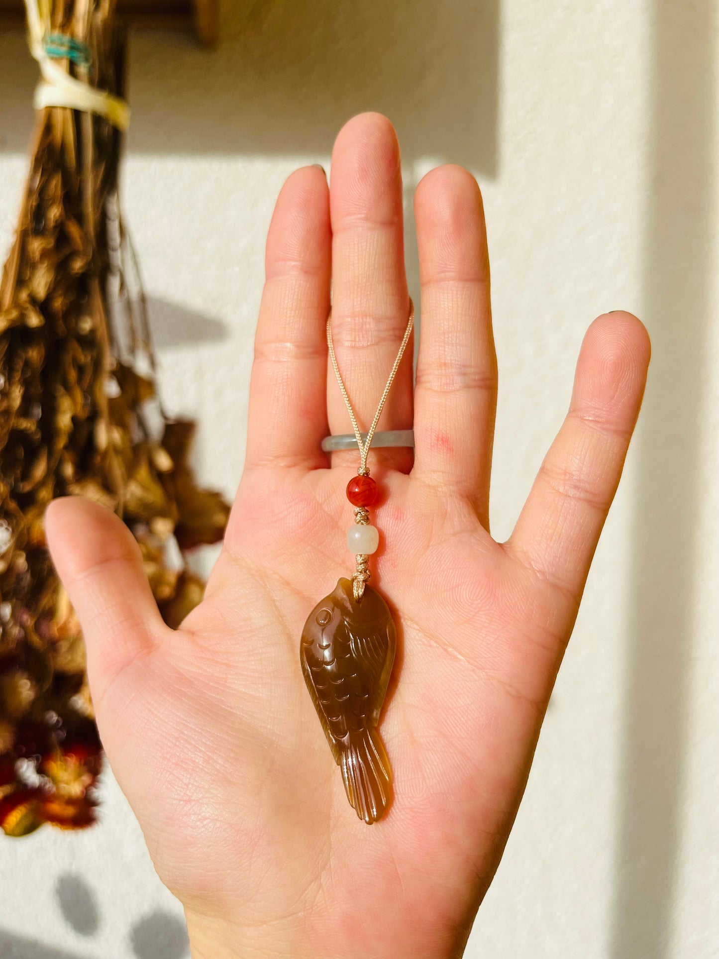 Hand Carved Brown Hetian Jade Fish Phone Charm