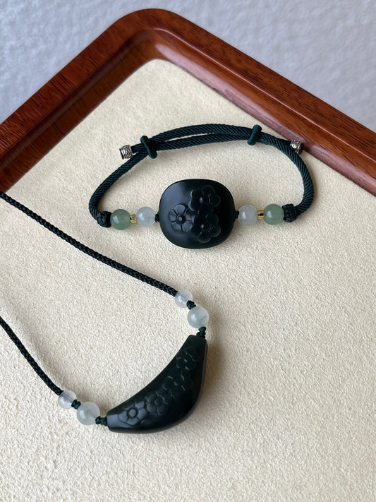Hand Carved Premium Dark Green (Cyan) Hetian Jade Plum Blossom Set  | 手雕和田青玉一细梅花锁骨，手牌