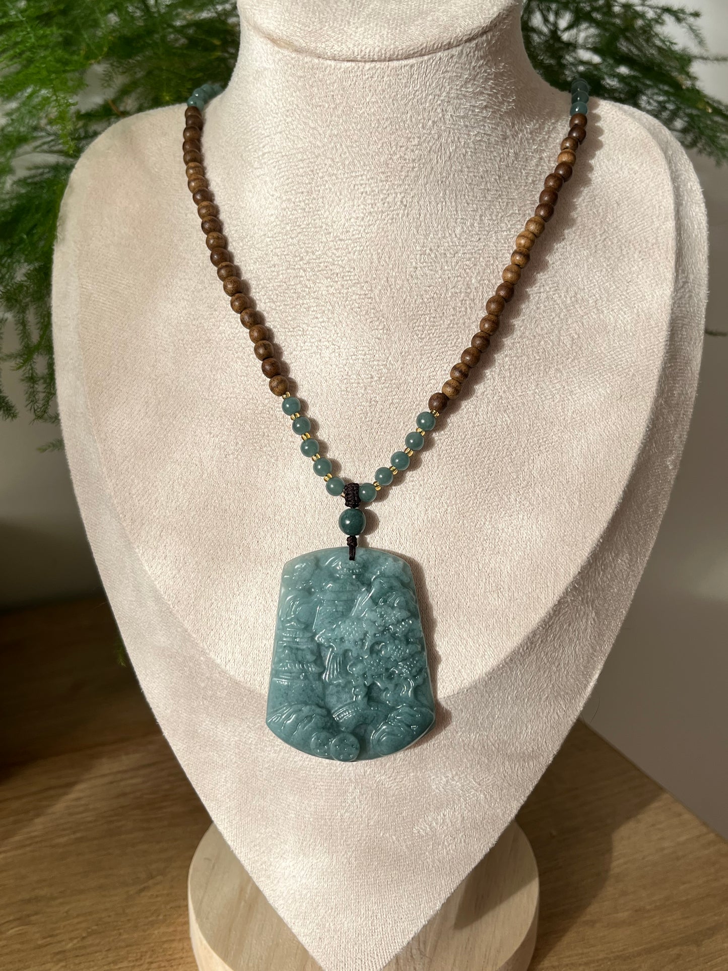 Handmade Necklace with Blue Jadeite Landscape Pendant and Agarwood Beaded (5mm) Cord
