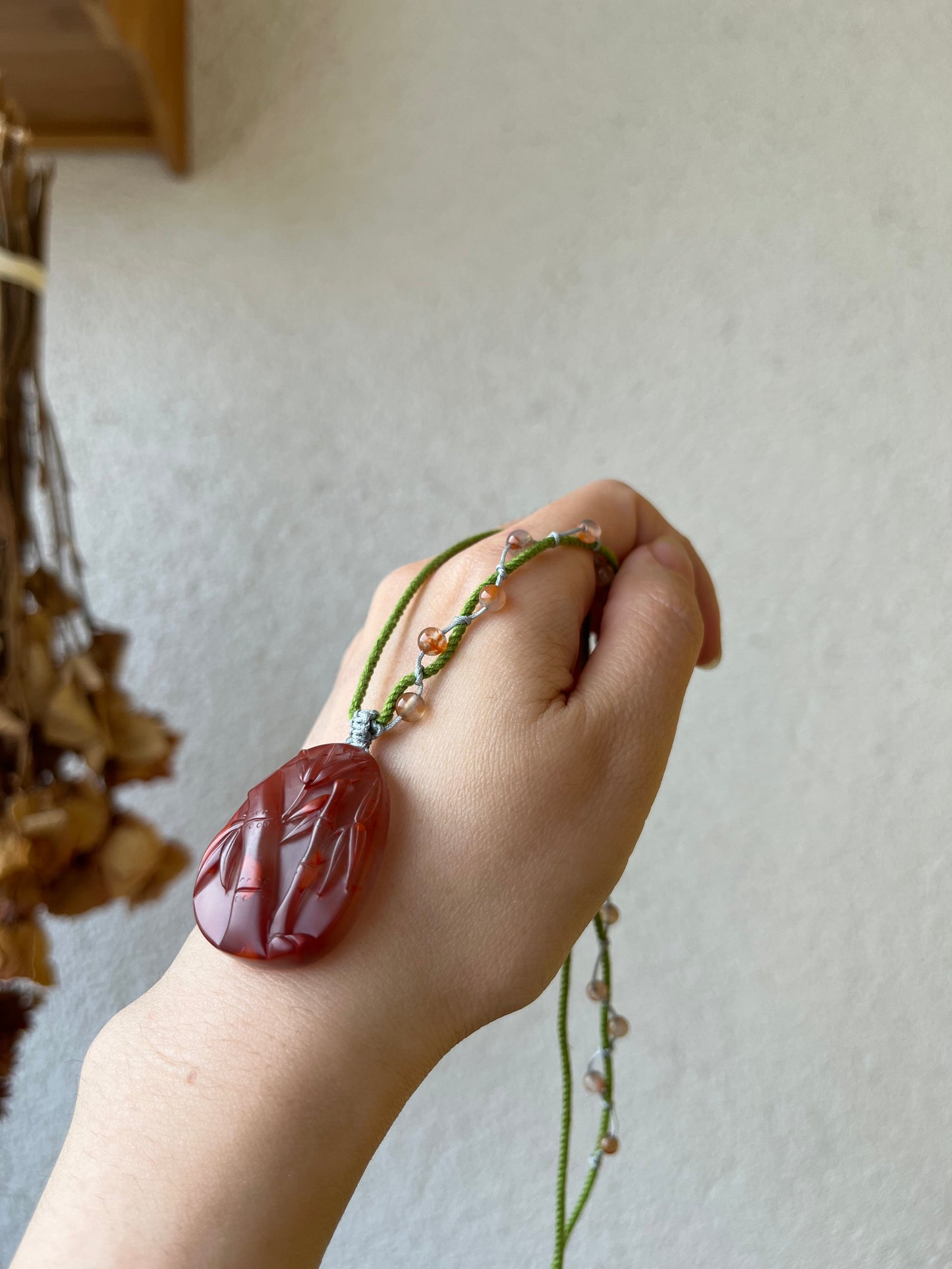 Handmade Necklace with a Hand Carved Nanhong Agate Bamboo Pendant, 手雕南红竹节
