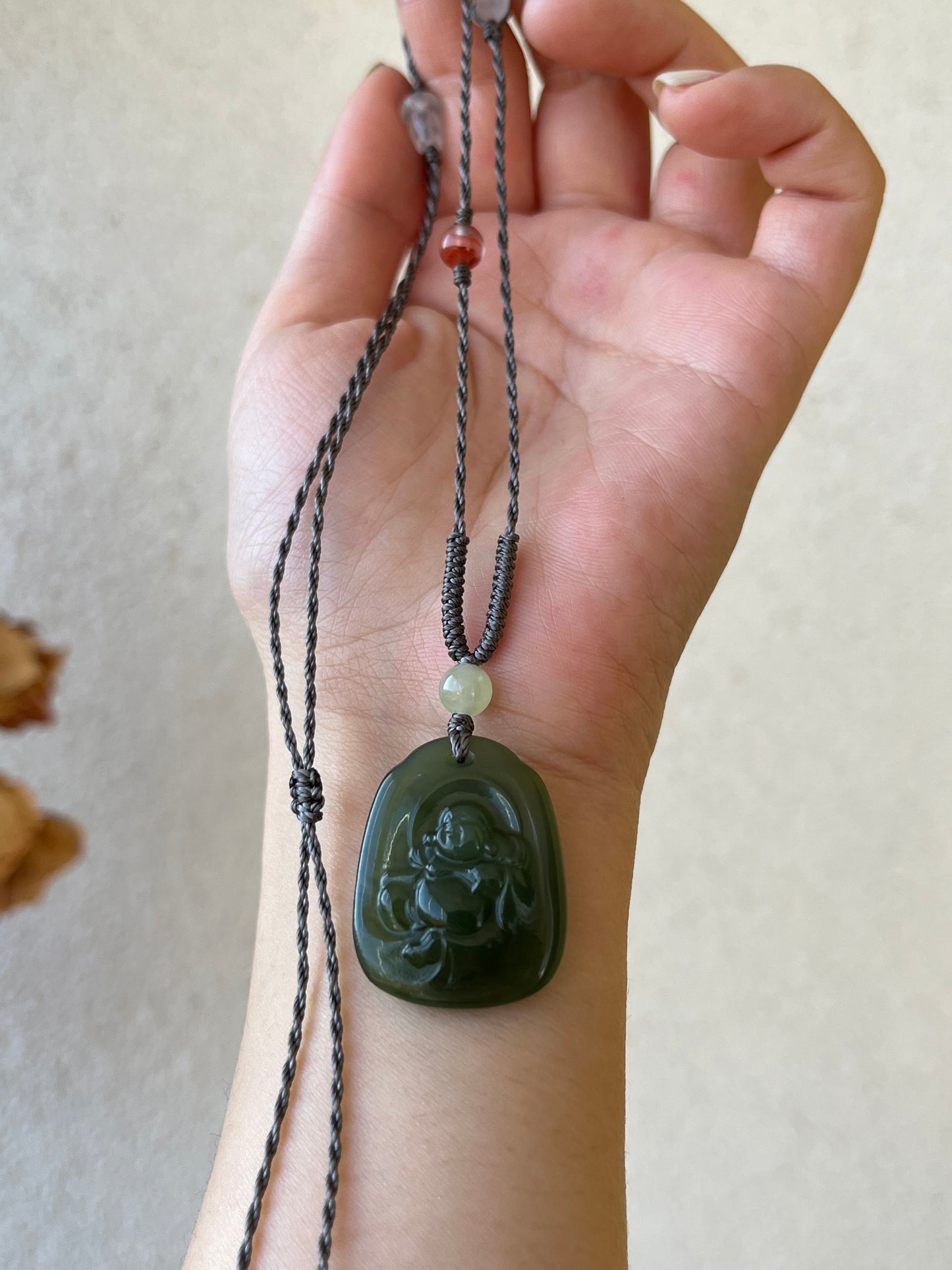 Handmade Necklace with A Hetian Green Jade Happy Buddha Pendant，和田湖水绿逍遥佛
