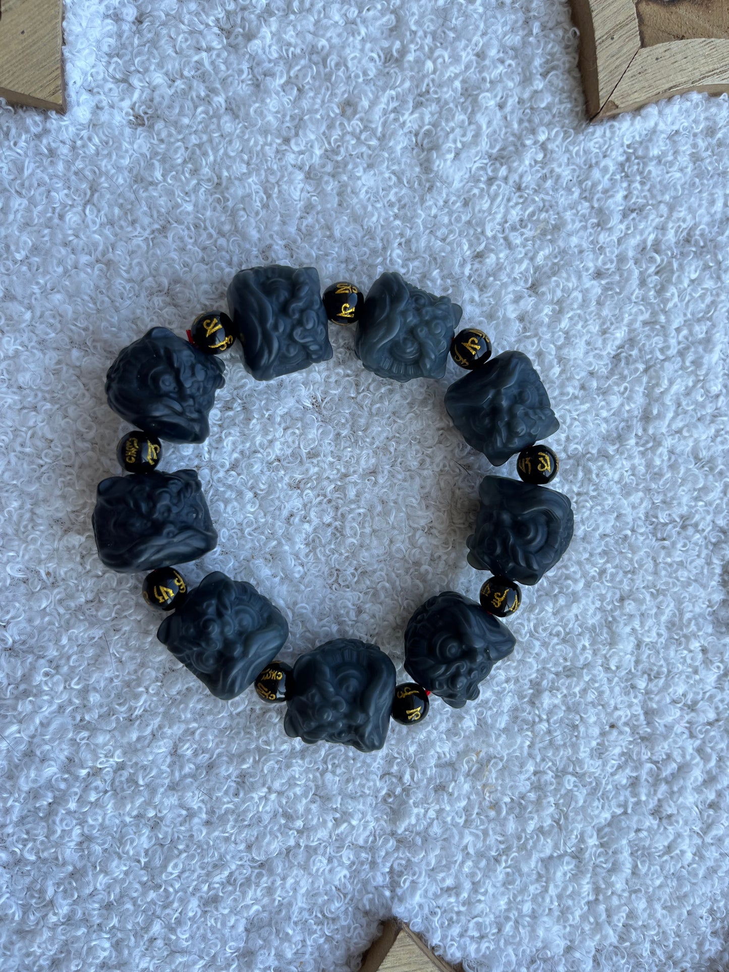 Hand Carved Gray Hetian Jade Lion Dance Head Beaded Bracelet, 和田青花醒狮头手串