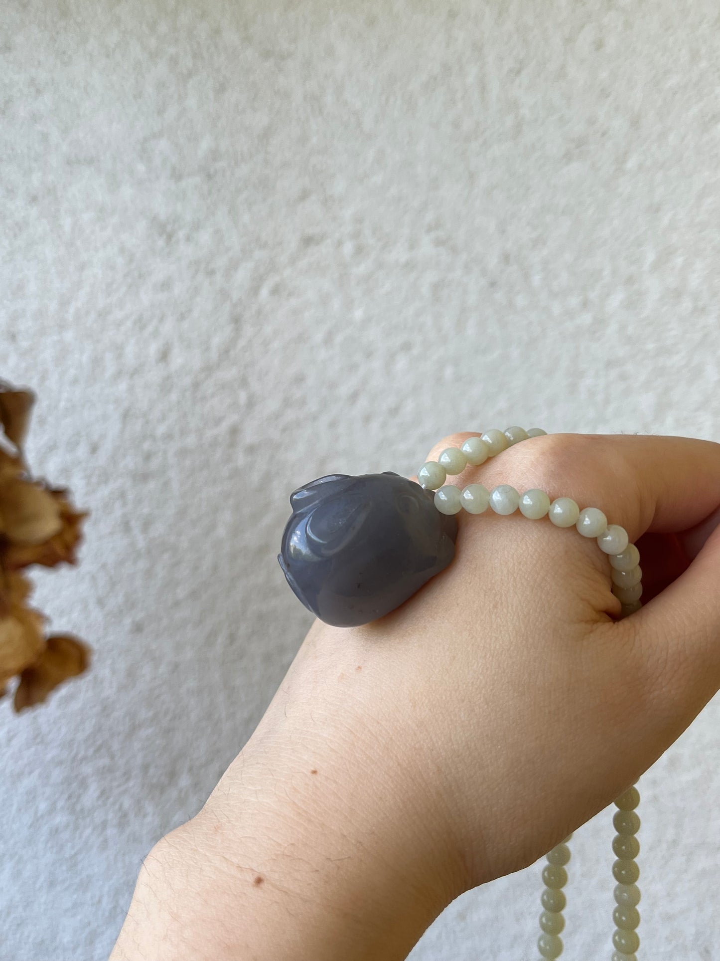 Chinese Zodiac - Handmade Necklace with a Hand Carved Purple Hetian Jade Rabbit and 5mm Hetian Jade Beaded Cord