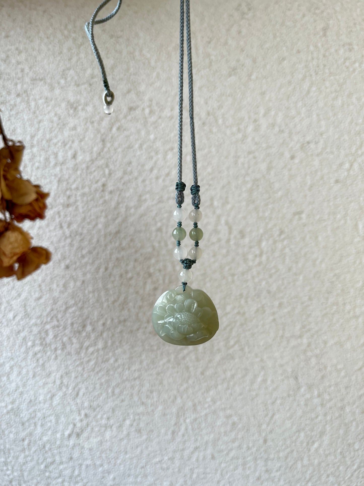 Hand Carved Hetian Jade Peony Flower Ruyi Blessing Lock Pendant, 和田且末奶蓝手雕牡丹如意锁吊坠