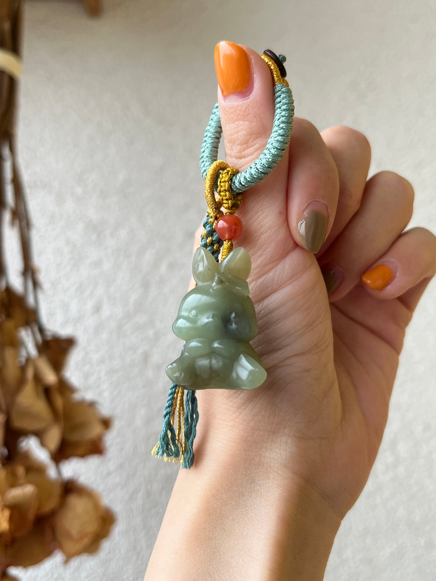 Handmade Bag Charm with a Super Cute Hand Carved Blue Hetian Jade Rabbit