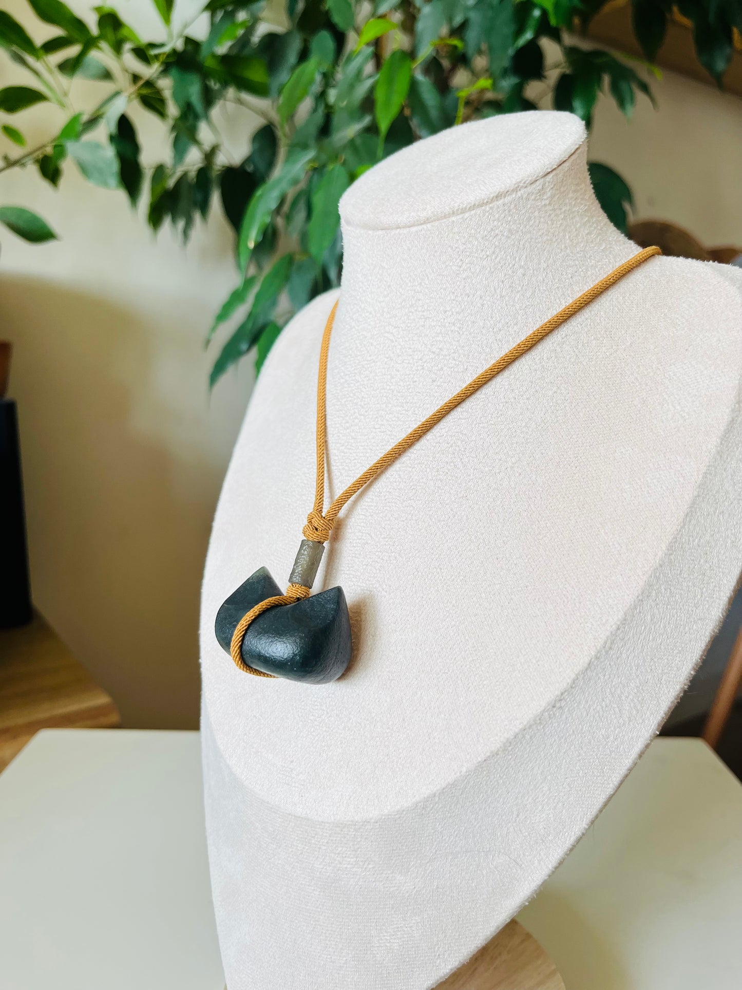 Hand Carved Gray Hetian Jade Cat Ear Pendant, 和田青花古风猫耳
