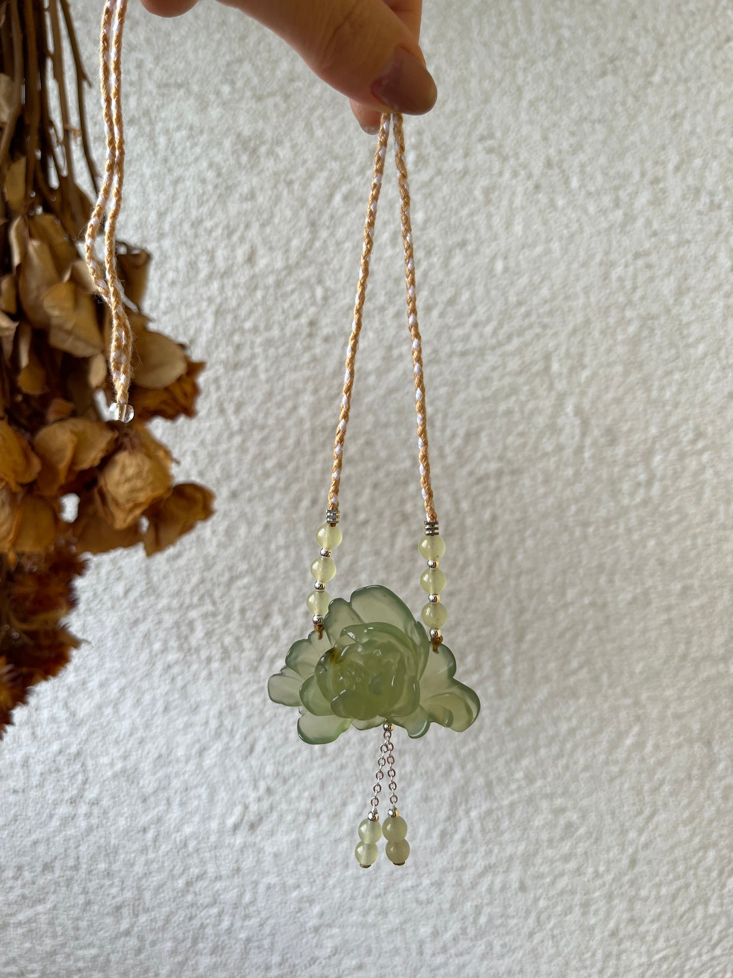 Hand Carved Light Green Xiu Jade Peony