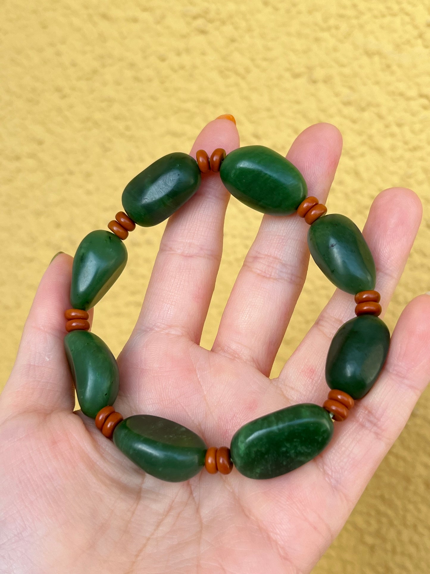 Green Hetian Jade Bracelet with Big Irregular Shaped Beads, 碧玉随形大珠子手串