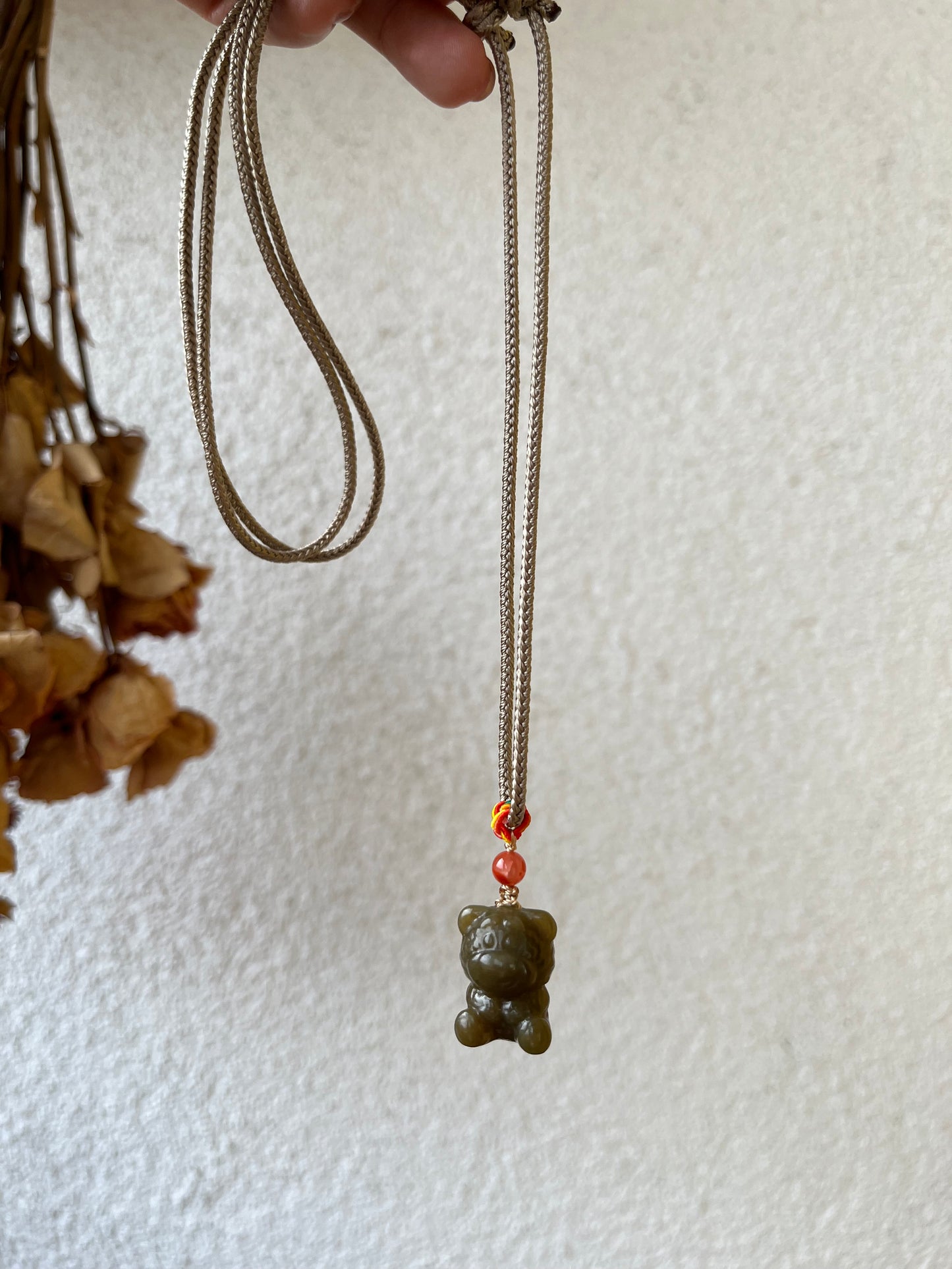 Handmade Necklace with a Carved Hetian Brown Jade Bear Pendant