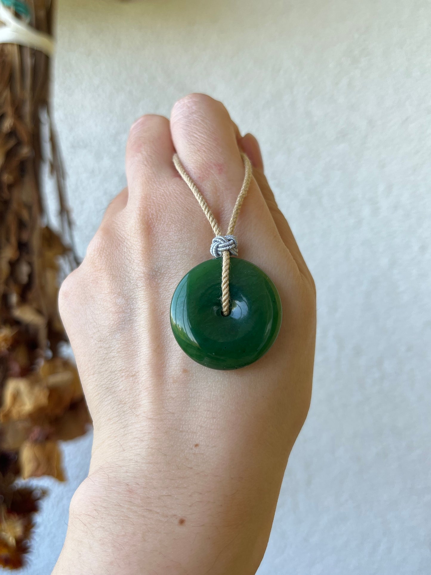 Green Hetian Jade Peace Buckle (Ping An Kou) Necklace, 碧玉平安扣