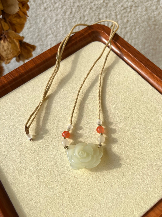 Hand Carved Hetian Jade Rose Pendant