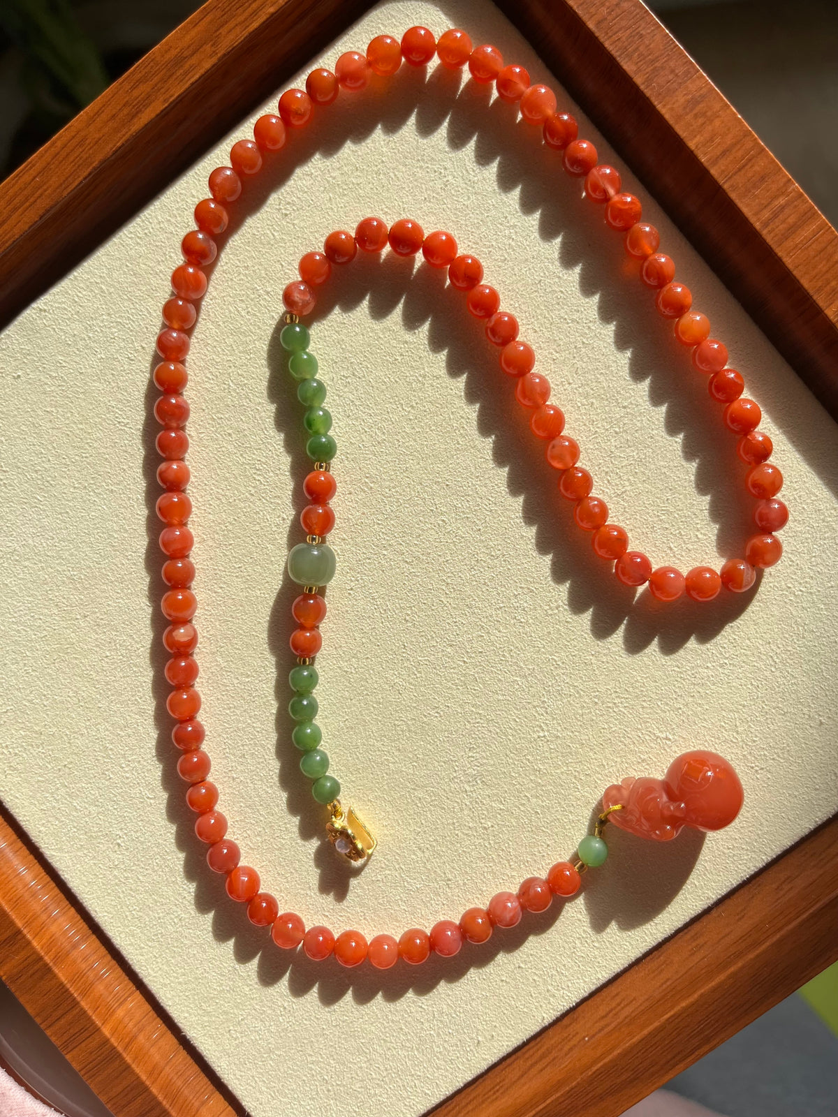 6mm Nanhong Agate and Green Hetian Jade Beaded Necklace