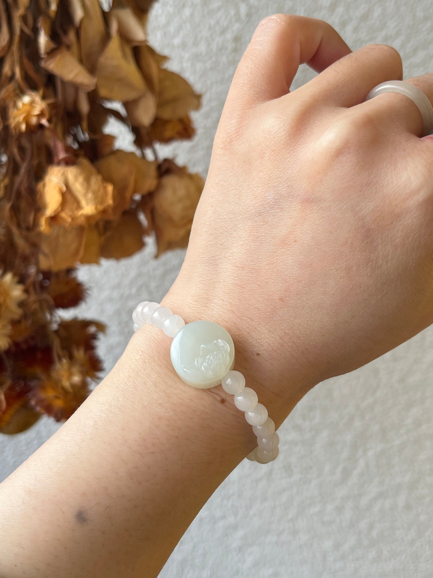 White Hetian Jade Bracelet with a Hand Carved Lotus Pendant and 6mm Beads