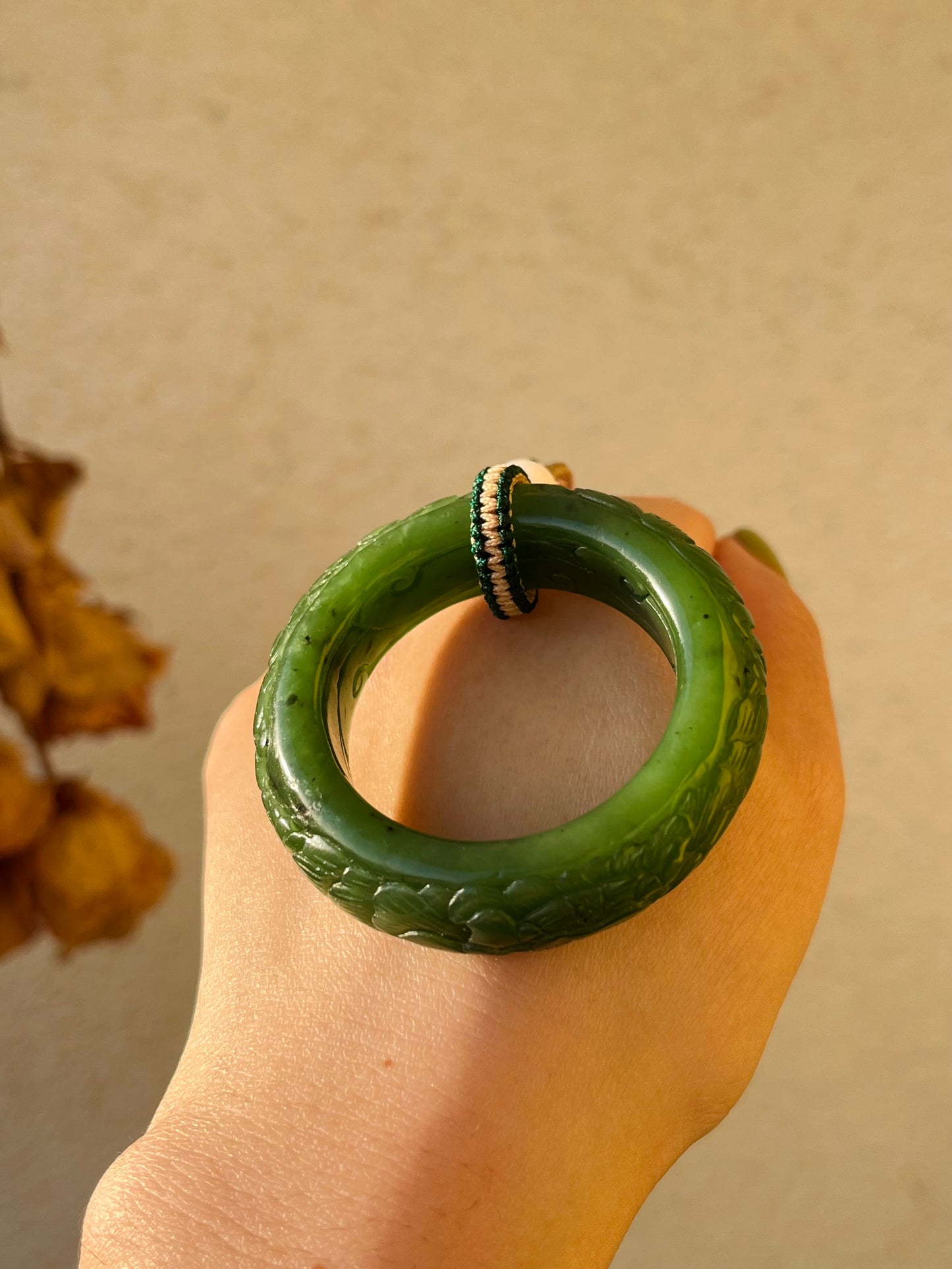 Hand Carved Green Hetian Jade Lotus Flower Peace Ring Pedant, 手雕碧玉荷花平安环吊坠