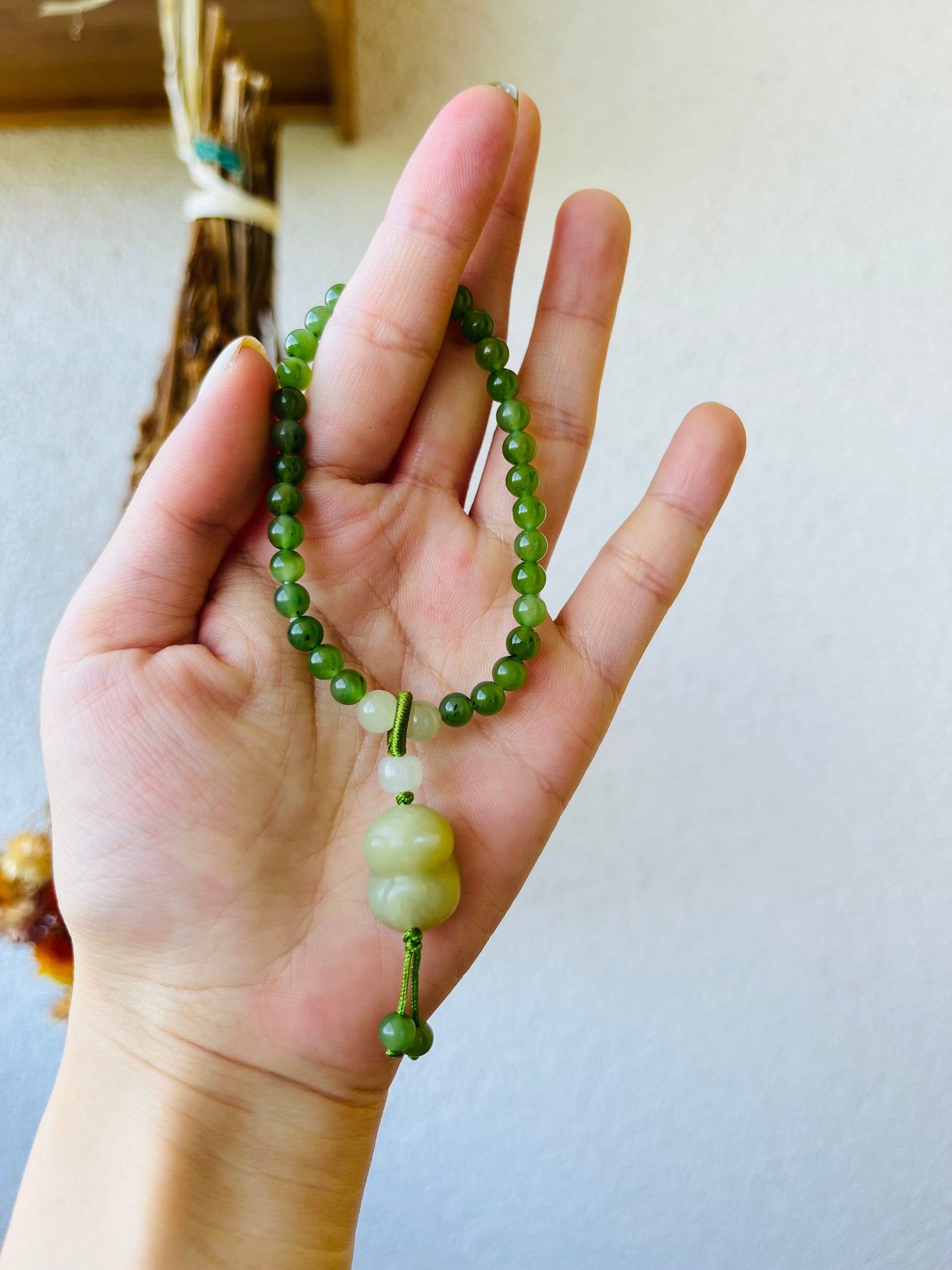 Green Nephrite Jade Beaded Bracelet (4mm) with a Hand Carved Nephrite Jade Cat