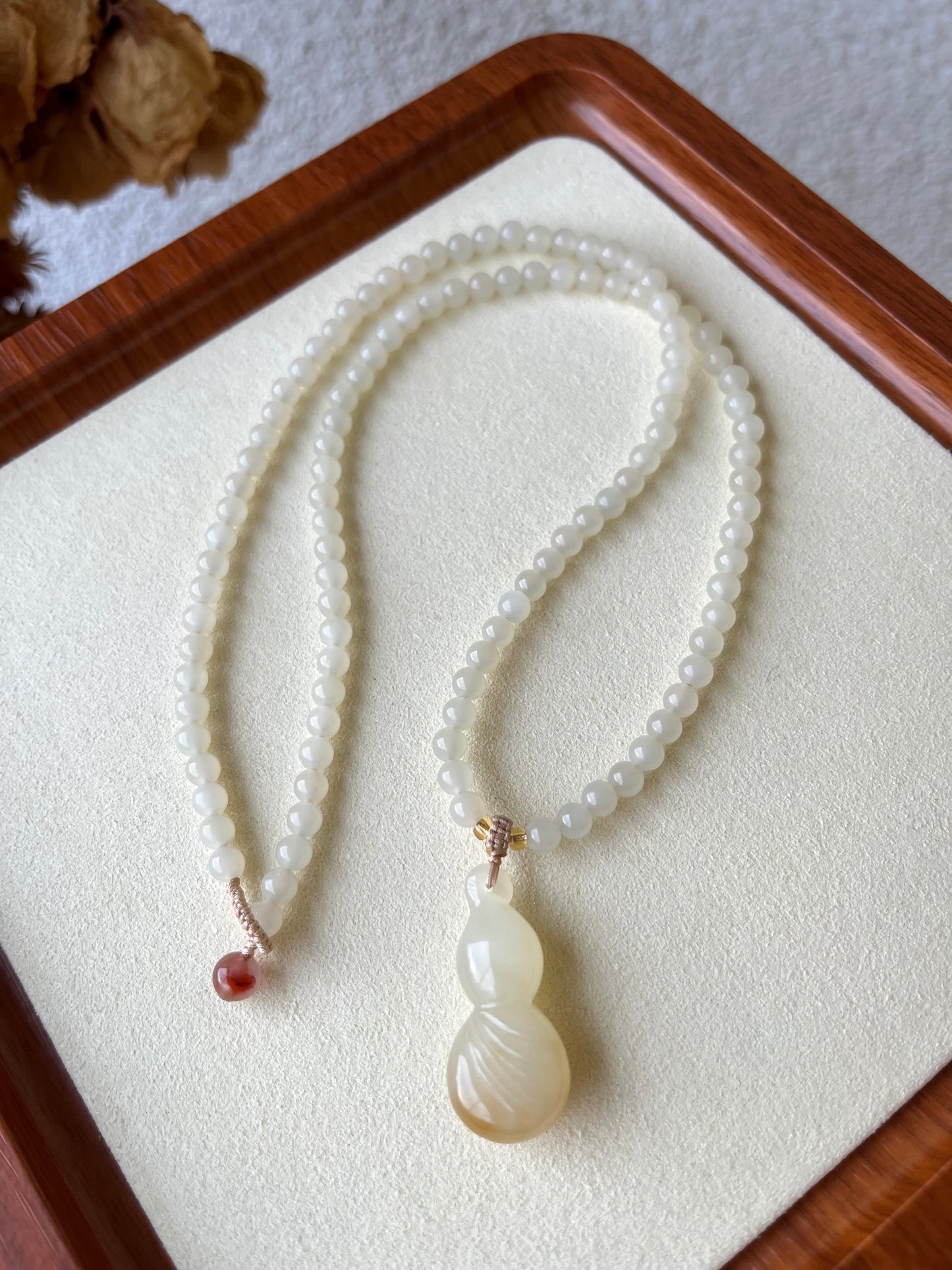 Necklace Crafted from White and Brown Hetian Jade Hulu and 5mm White Hetian Jade Beads