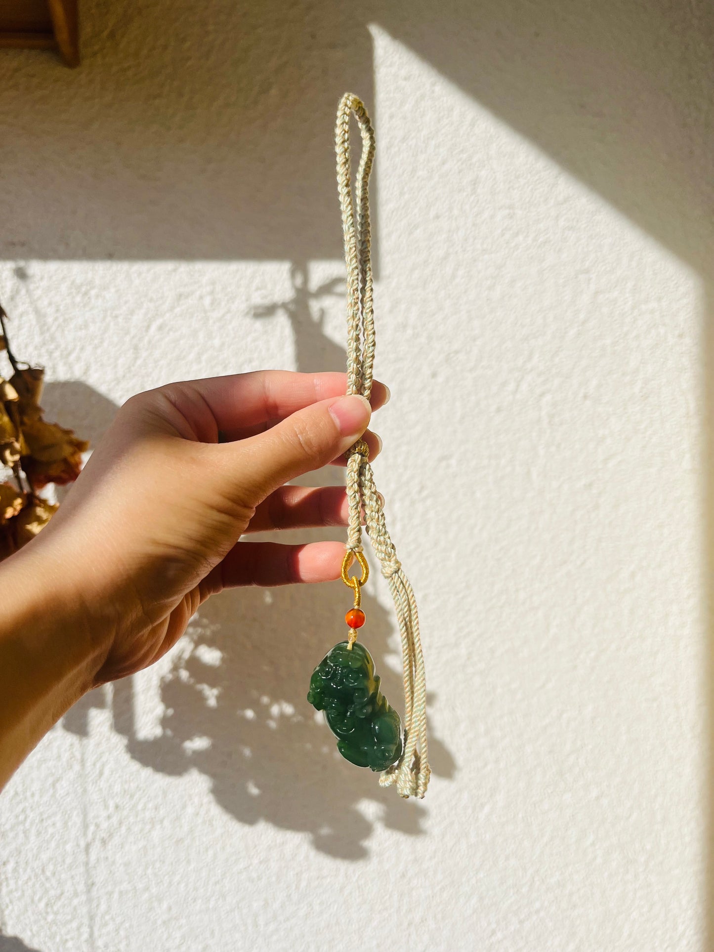 Handmade Bag Charm with a Carved Hetian Green Jade Pixiu, 碧玉貔貅包挂