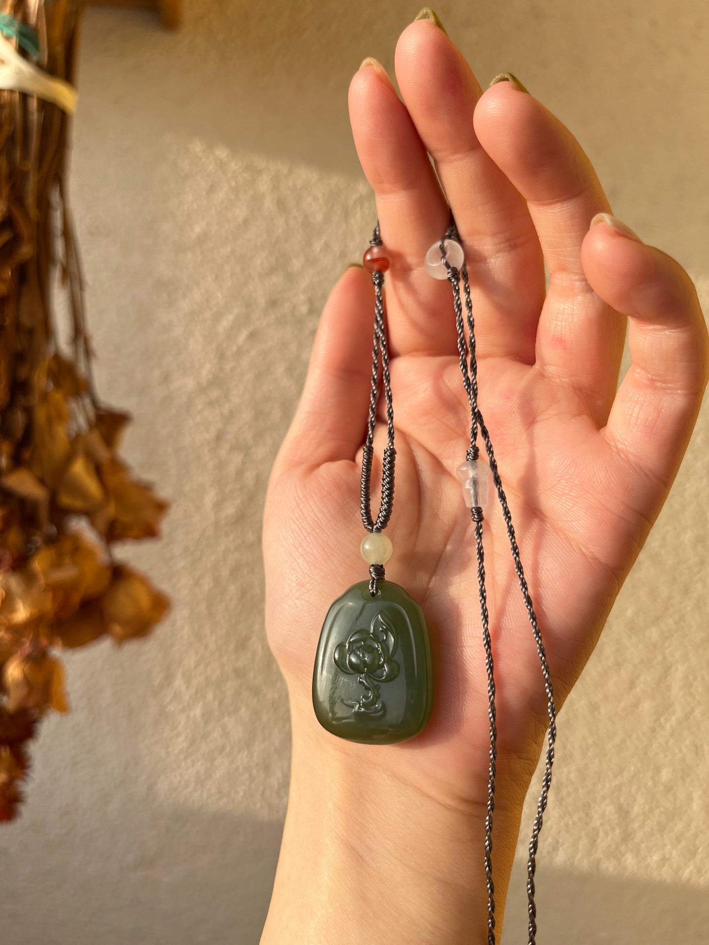 Handmade Necklace with A Hetian Green Jade Happy Buddha Pendant，和田湖水绿逍遥佛