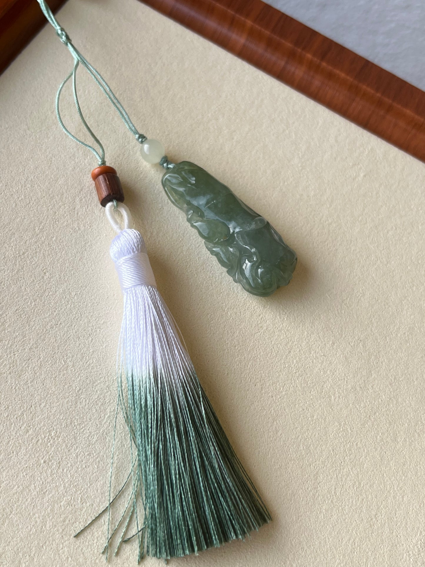 Handmade Bag Charm with a Hand Carved Jadeite Monkey and Bamboo Pendant