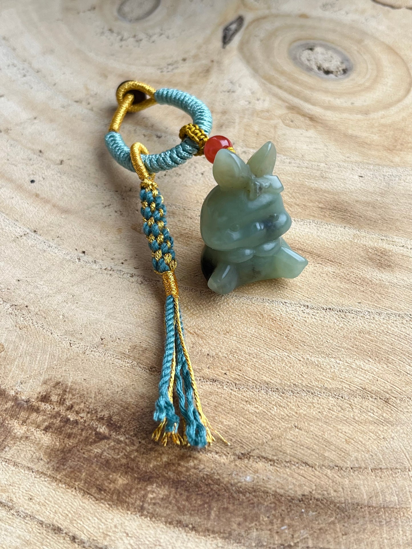 Handmade Bag Charm with a Super Cute Hand Carved Blue Hetian Jade Rabbit