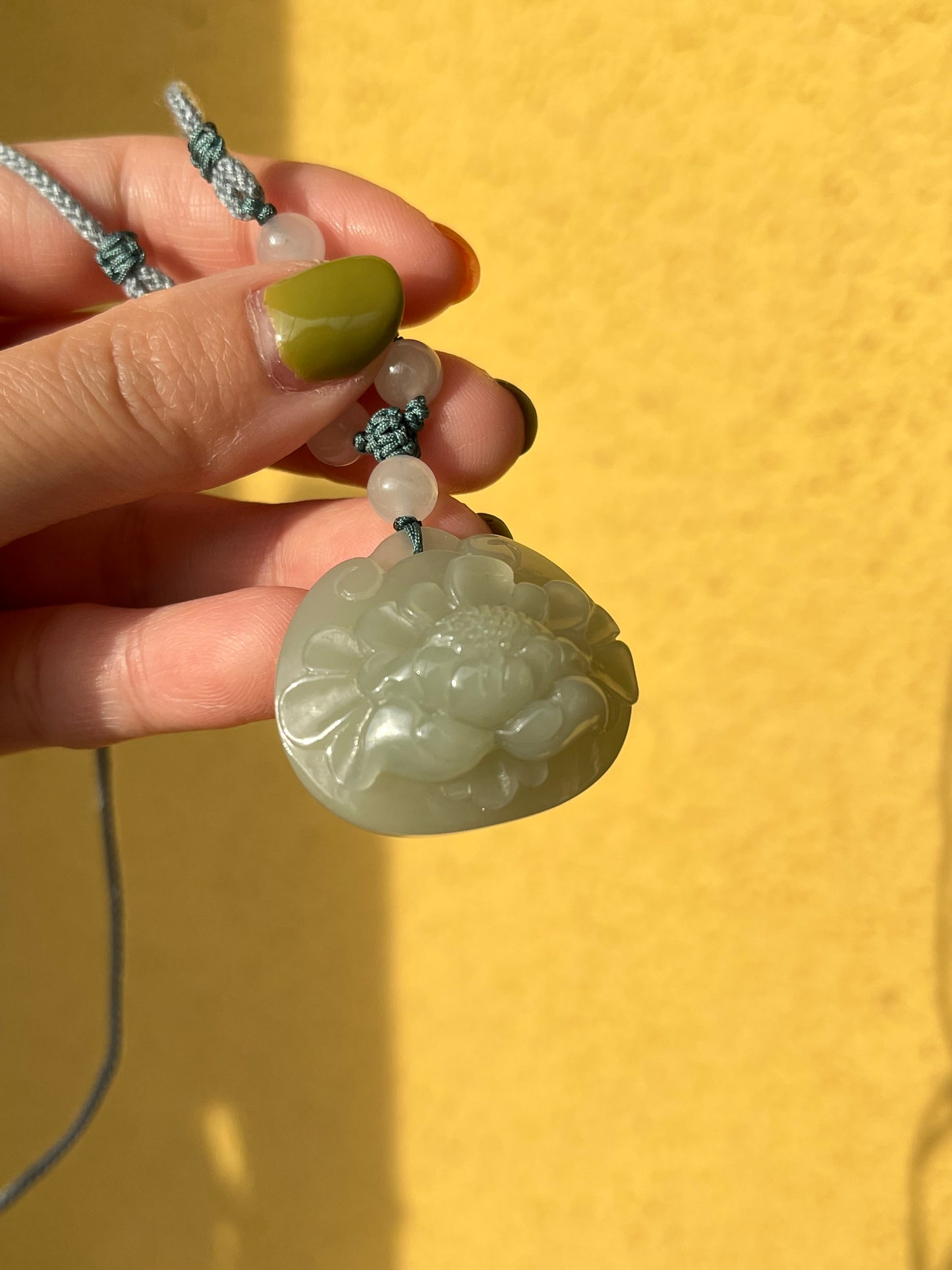 Hand Carved Hetian Jade Peony Flower Ruyi Blessing Lock Pendant, 和田且末奶蓝手雕牡丹如意锁吊坠