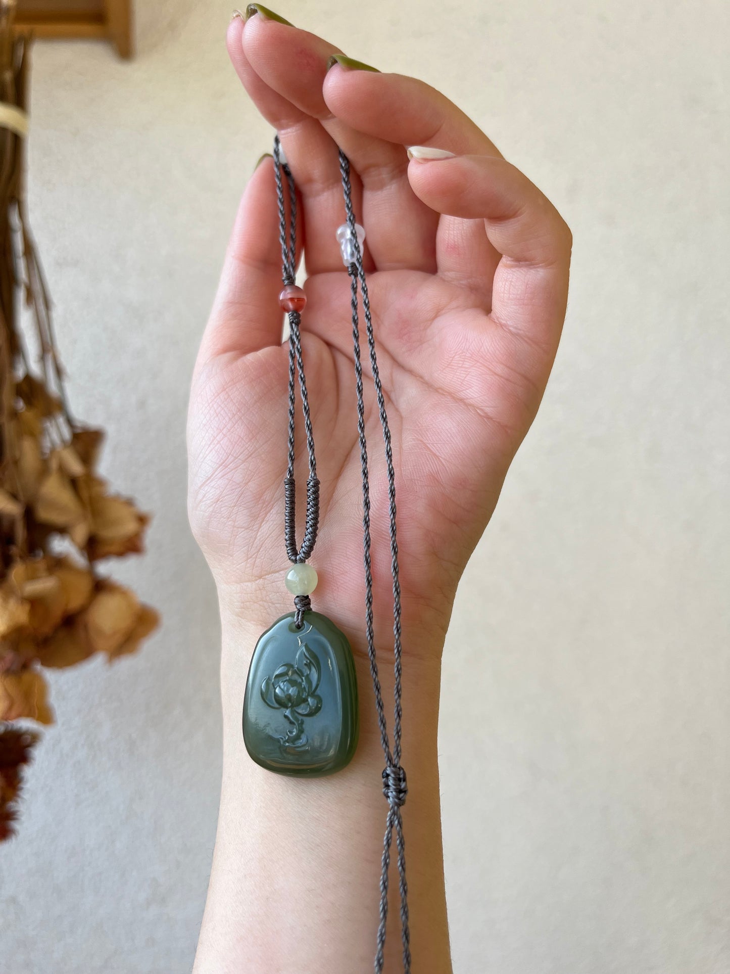 Handmade Necklace with A Hetian Green Jade Happy Buddha Pendant，和田湖水绿逍遥佛
