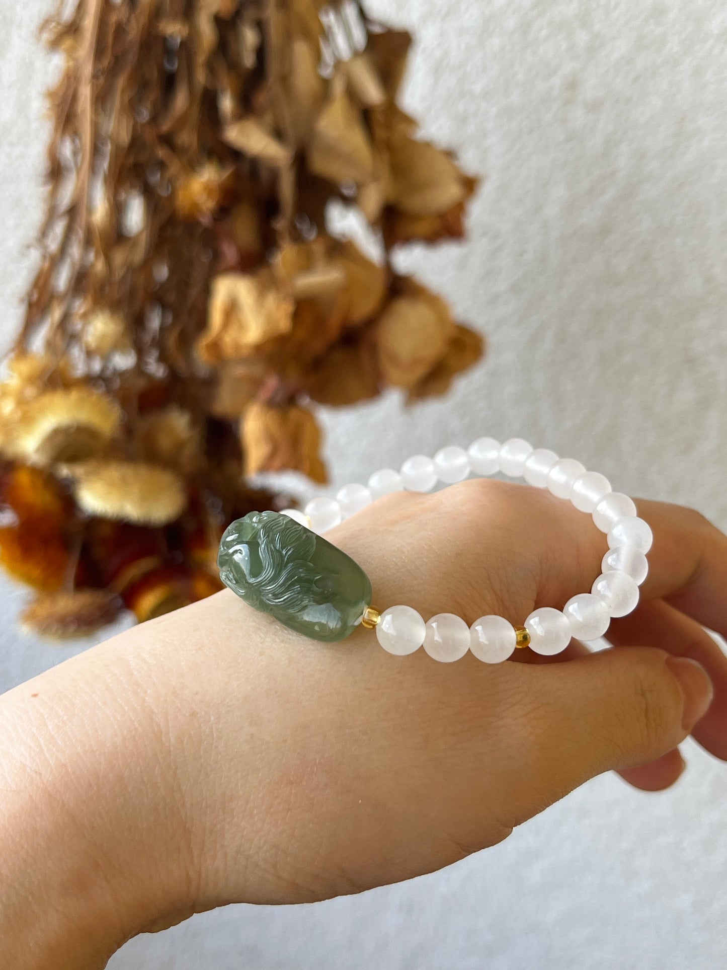 Handmade Bracelet with a Hand Carved Green Hetian Jade Nine Tailed Fox Pendant