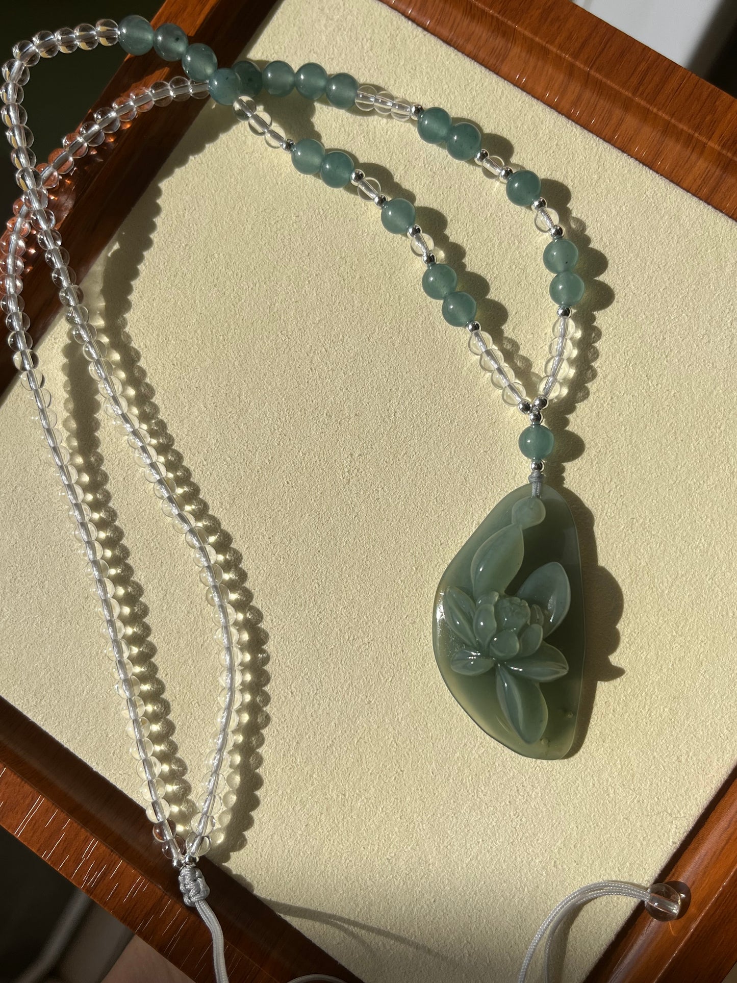 Hand Carved Blue Xiu Jade Lotus Necklace