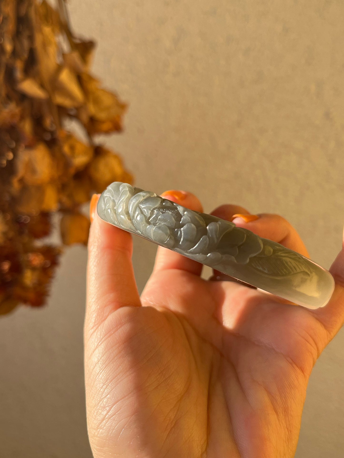Smoky Purple Hetian Jade Carved Bangle 58mm | 和田烟紫雕花镯