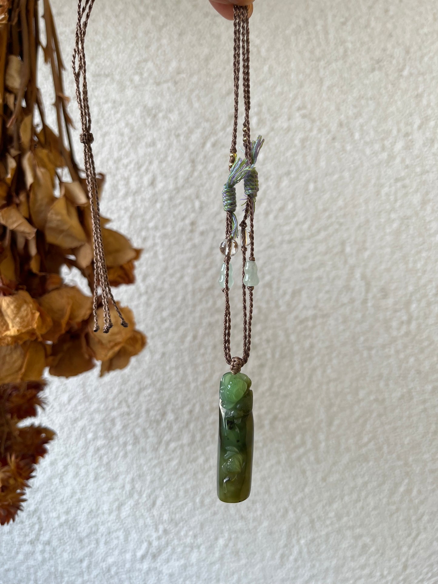 Hand Carved Green Hetian Jade Lotus and Magpie Pendant | 手雕和田碧玉喜鹊荷花吊坠