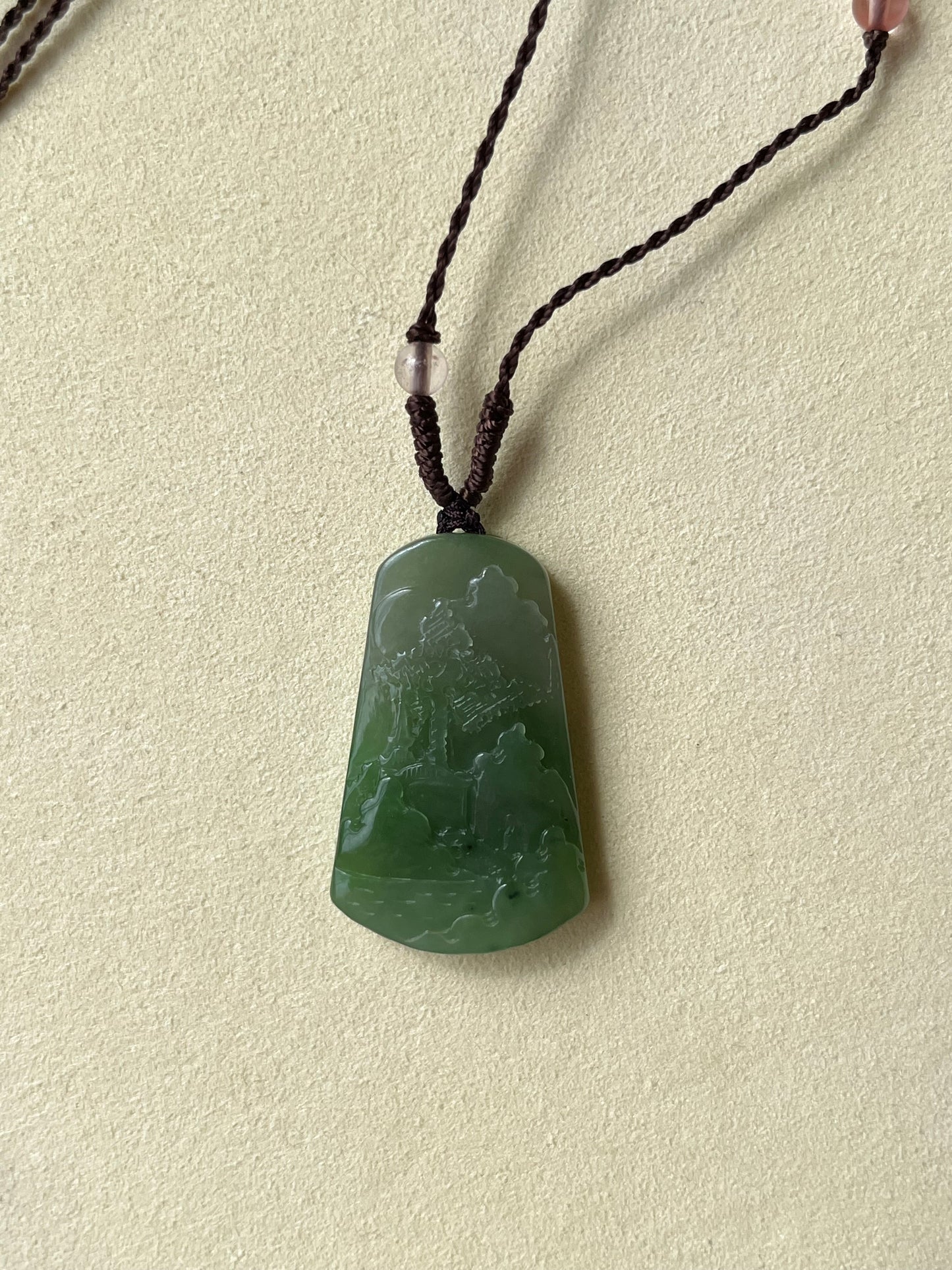 Hand Carved Green Hetian Jade Landscape Pendant | 手雕和田碧玉山水牌