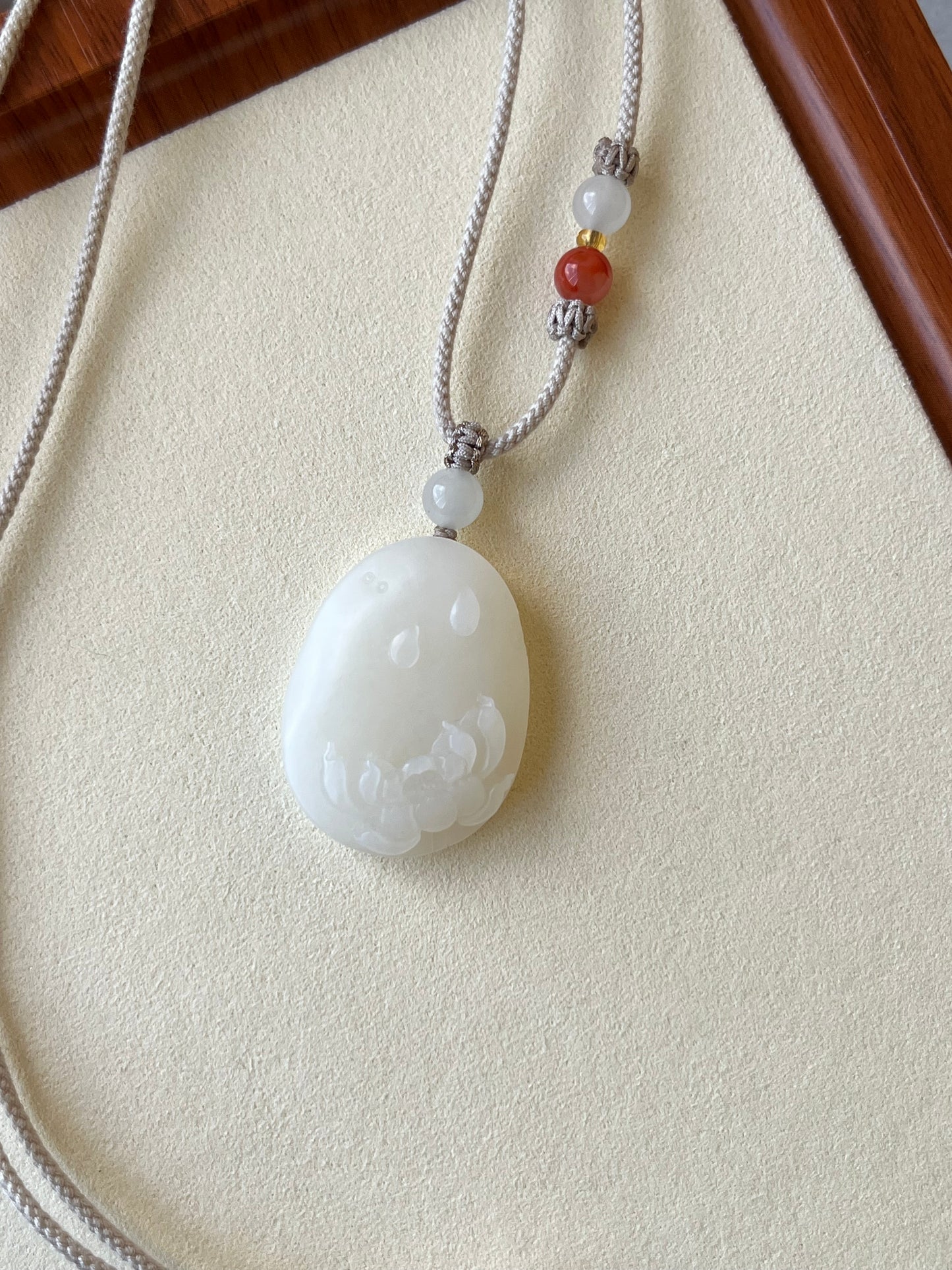 Hand Carved White Hetian Jade Lotus Pendant | 和田新疆山料白玉荷花牌