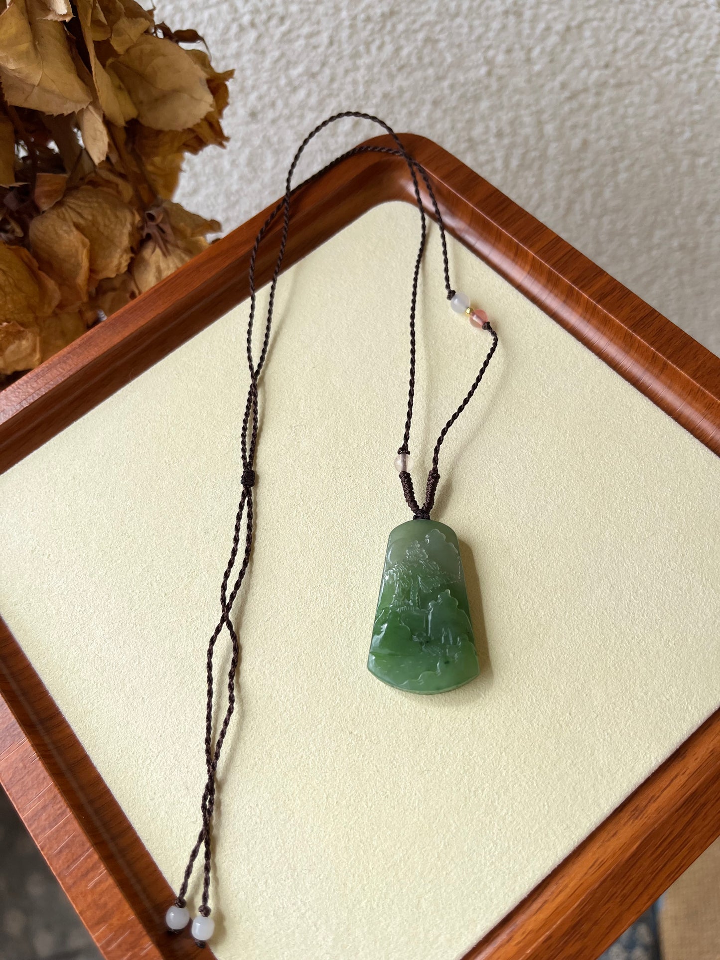 Hand Carved Green Hetian Jade Landscape Pendant | 手雕和田碧玉山水牌