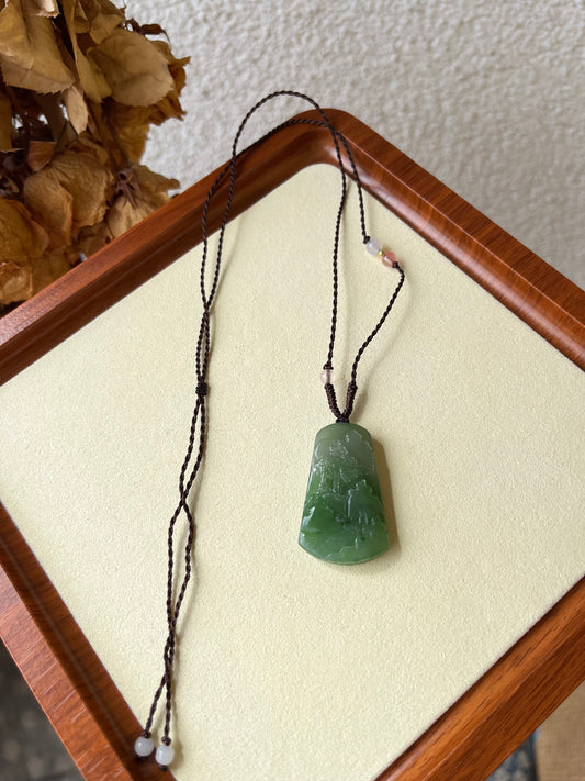 Hand Carved Green Hetian Jade Landscape Pendant | 手雕和田碧玉山水牌