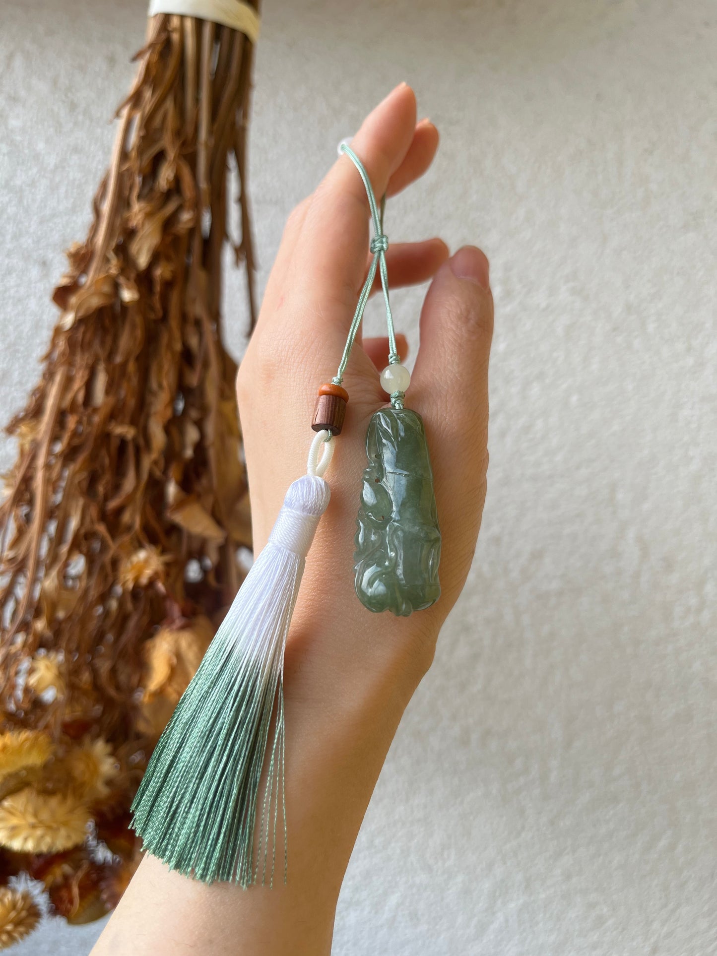 Handmade Bag Charm with a Hand Carved Jadeite Monkey and Bamboo Pendant